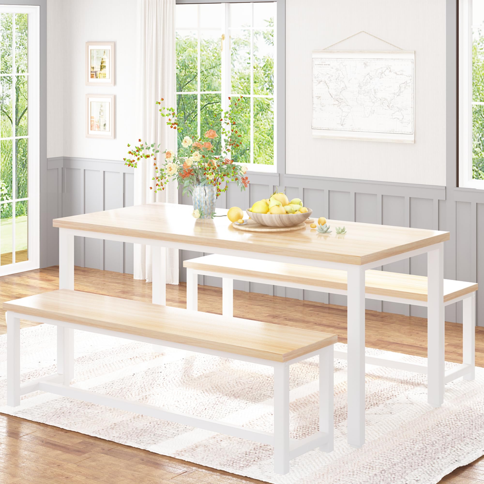 Recaceik 47    Dining Table Set with Benches, 3 Pieces Dining Room Table Set for 4, Wood Kitchen Table and Chair Set, Space Savi