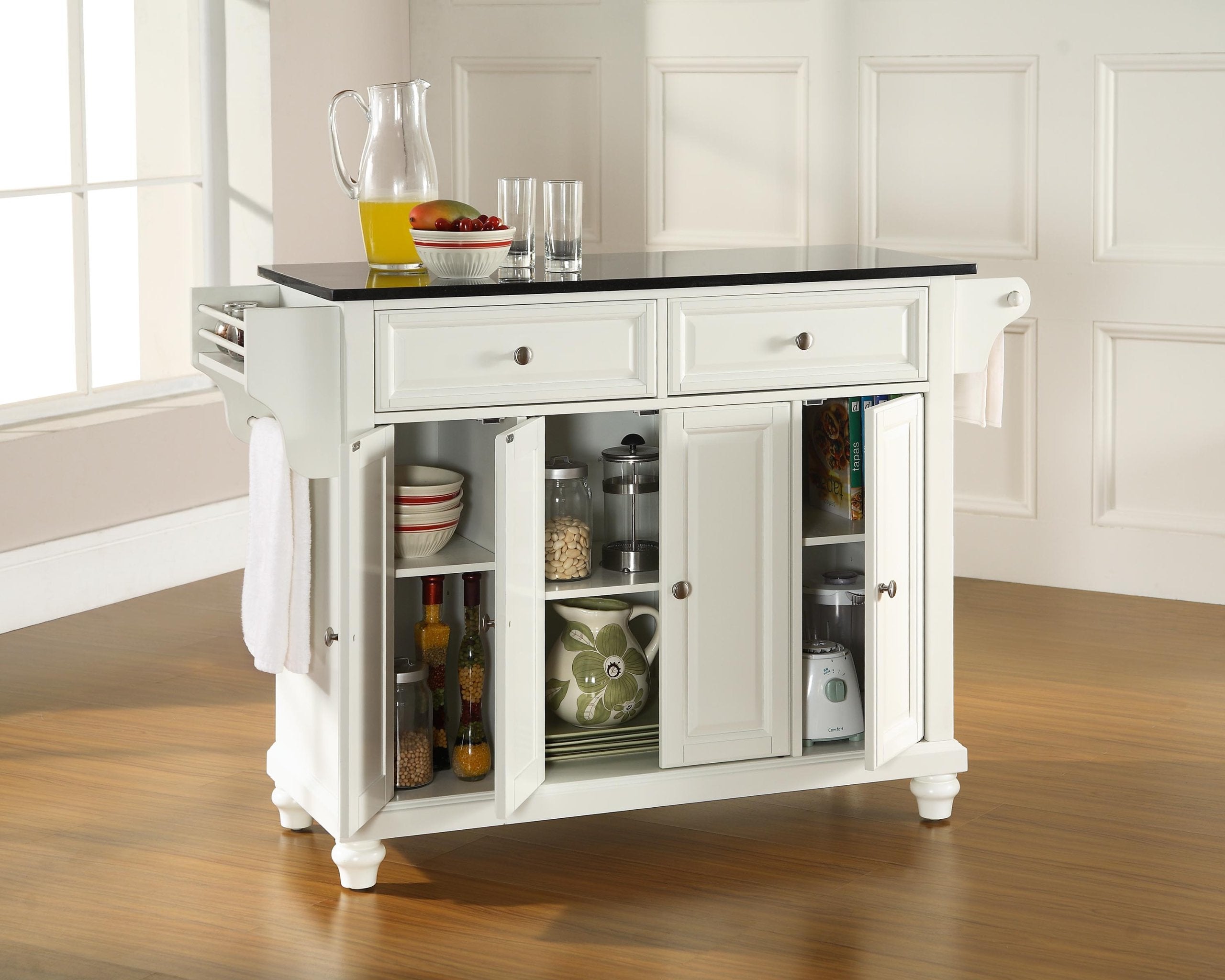 Crosley Furniture Cambridge Granite Top Rolling Kitchen Island Storage Cart, Microwave Stand, Spice Rack, White