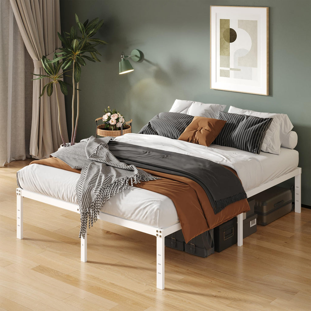 Upcanso 16 Inch White Queen Bed Frame No Box Spring Required, Metal Platform Queen Size Bed Frames With High Storage, Eassy Assembly 3,500 Lbs Heavy Duty Bedframes