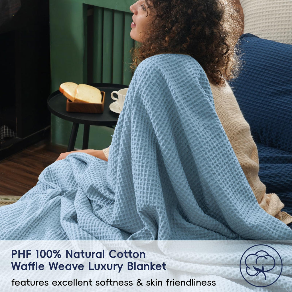 Phf 100% Cotton Waffle Weave Blanket Oversized King Size 120'X 120'- Lightweight Washed Soft Breathable Huge Blanket- Extra Large Big Blanket For Couch Bed Sofa- Aesthetic Home Decoration - Dusty Blue