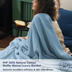 Phf 100% Cotton Waffle Weave Blanket Oversized King Size 120'X 120'- Lightweight Washed Soft Breathable Huge Blanket- Extra Large Big Blanket For Couch Bed Sofa- Aesthetic Home Decoration - Dusty Blue