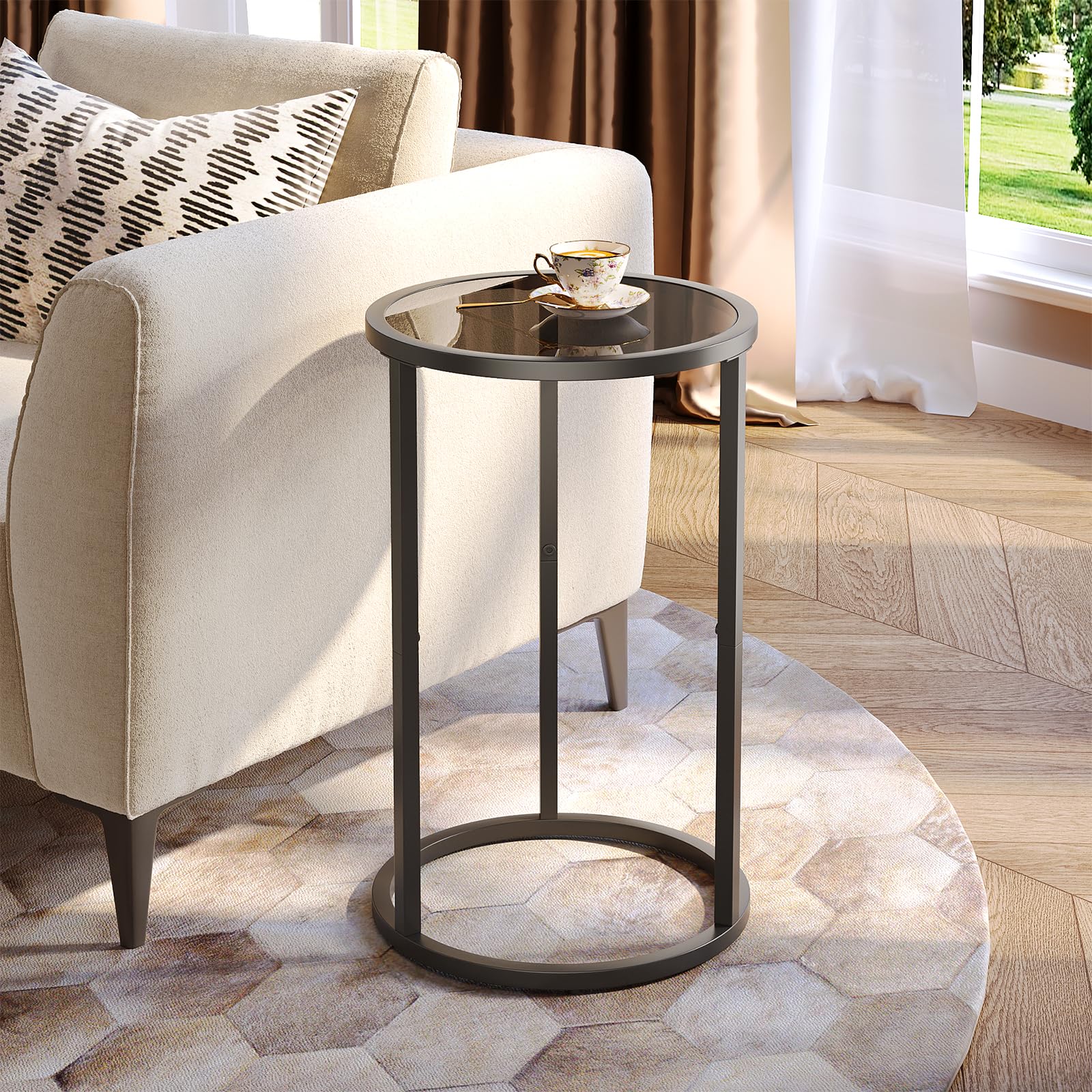 SAYGOER Small Side Table Round Glass End Table for Small Spaces Narrow Couch Night Stand Modern Bedside Table with Black Metal F