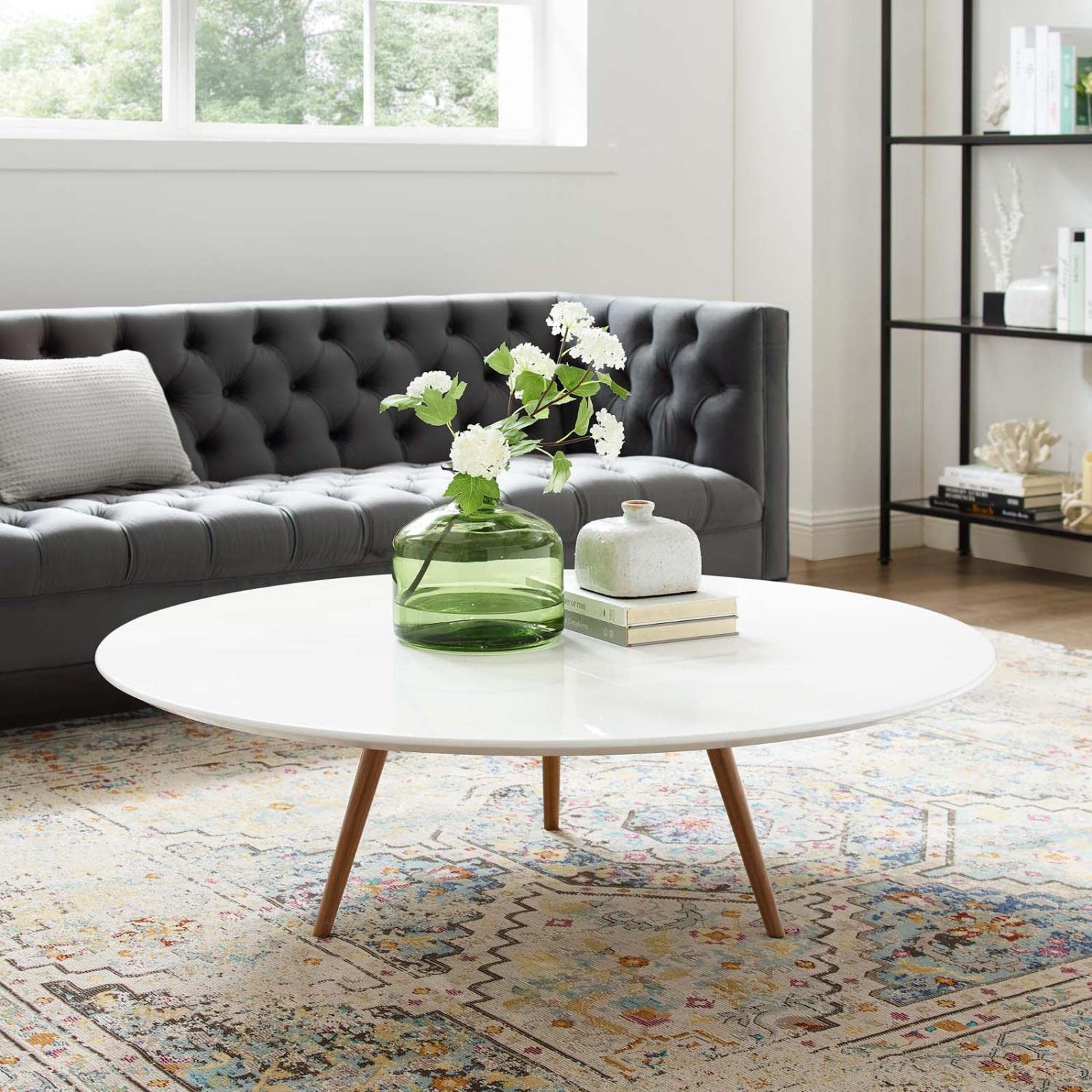 Modway Lippa 47" Mid-Century Modern Round Coffee Table With Tripod Base In Walnut White