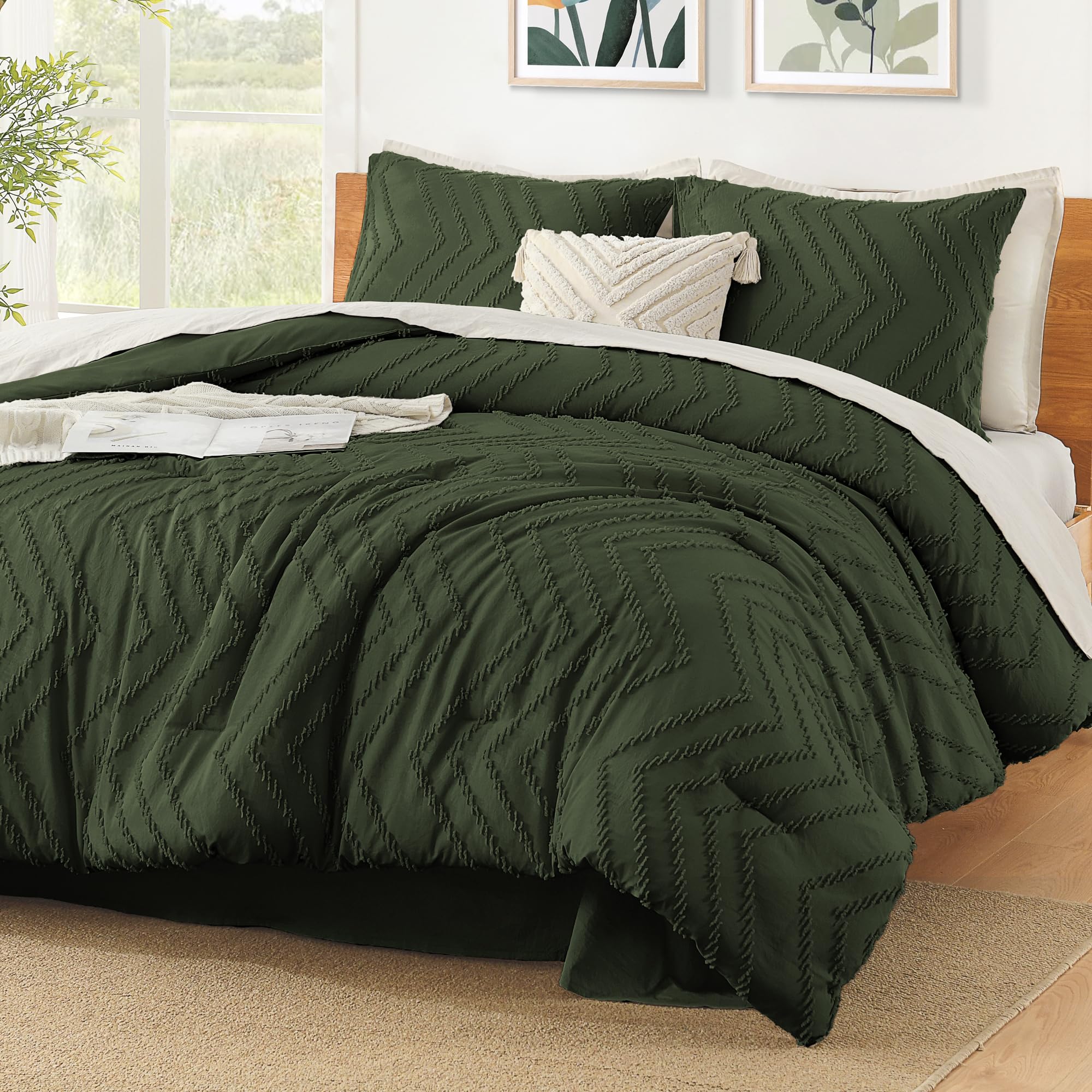 Litanika Comforter Oversized King Size Set Olive Green, 3 Pieces Chevron Tufted Solid Bedding Comforter Sets, Fluffy Bed Set