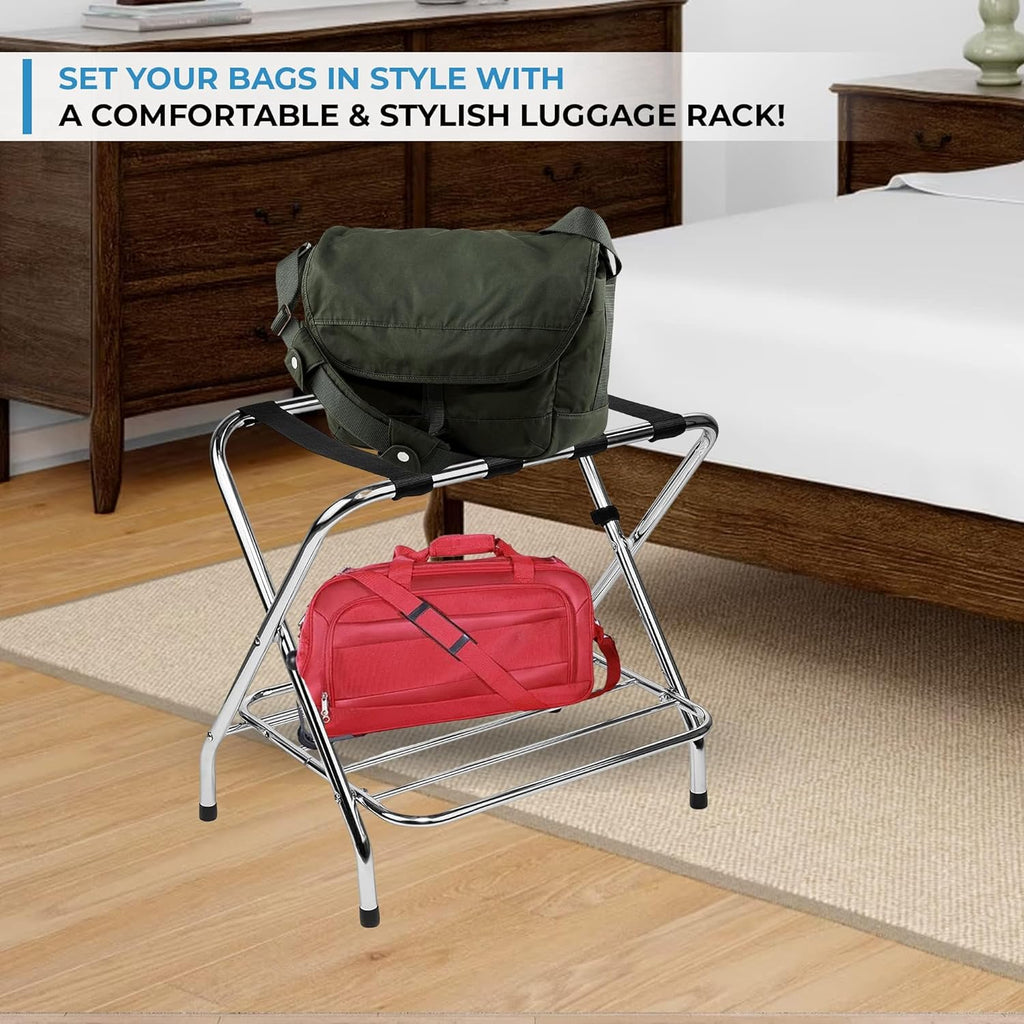 2-Tier Folding Luggage Rack with Nylon Straps, Rubber Feet, Chrome Finish