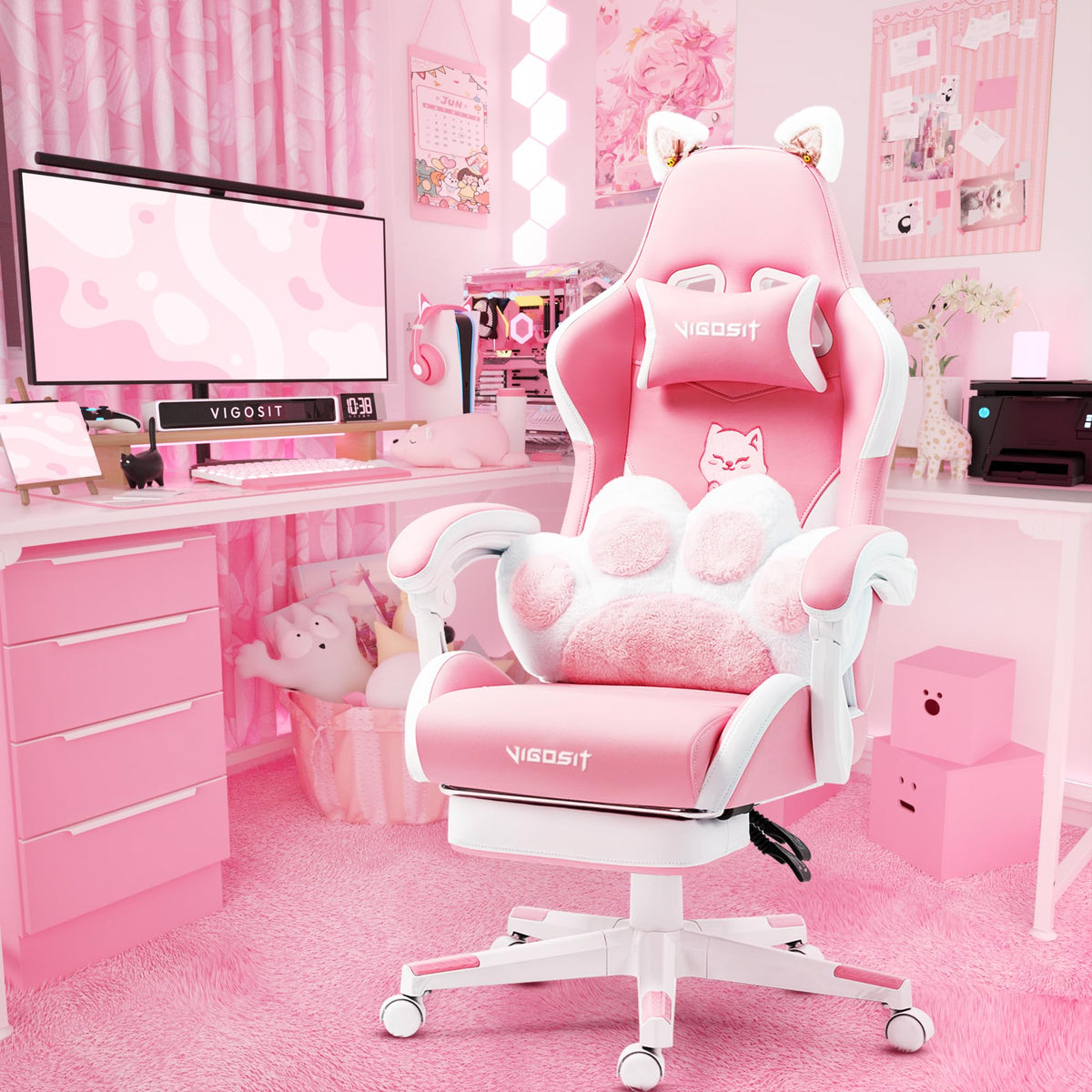 Vigosit Pink Gaming Chair with Cat Paw Lumbar Cushion and Cat Ears, Ergonomic Computer Chair with Footrest, Reclining PC Game Ch