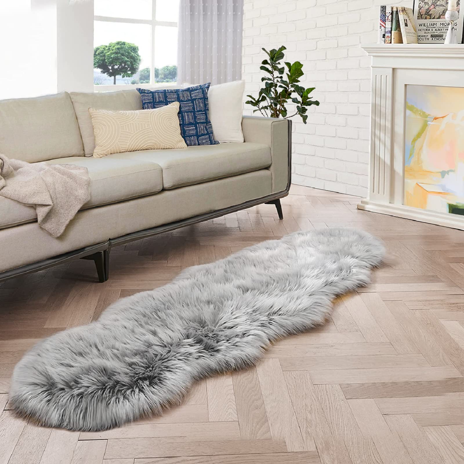 ORINOVA Light Gray Washable Fuzzy Fur Runner Rugs for Living Room Nursery Rugs for Bedroom Faux Sheepskin Shag Rug 2x6 Teen Room