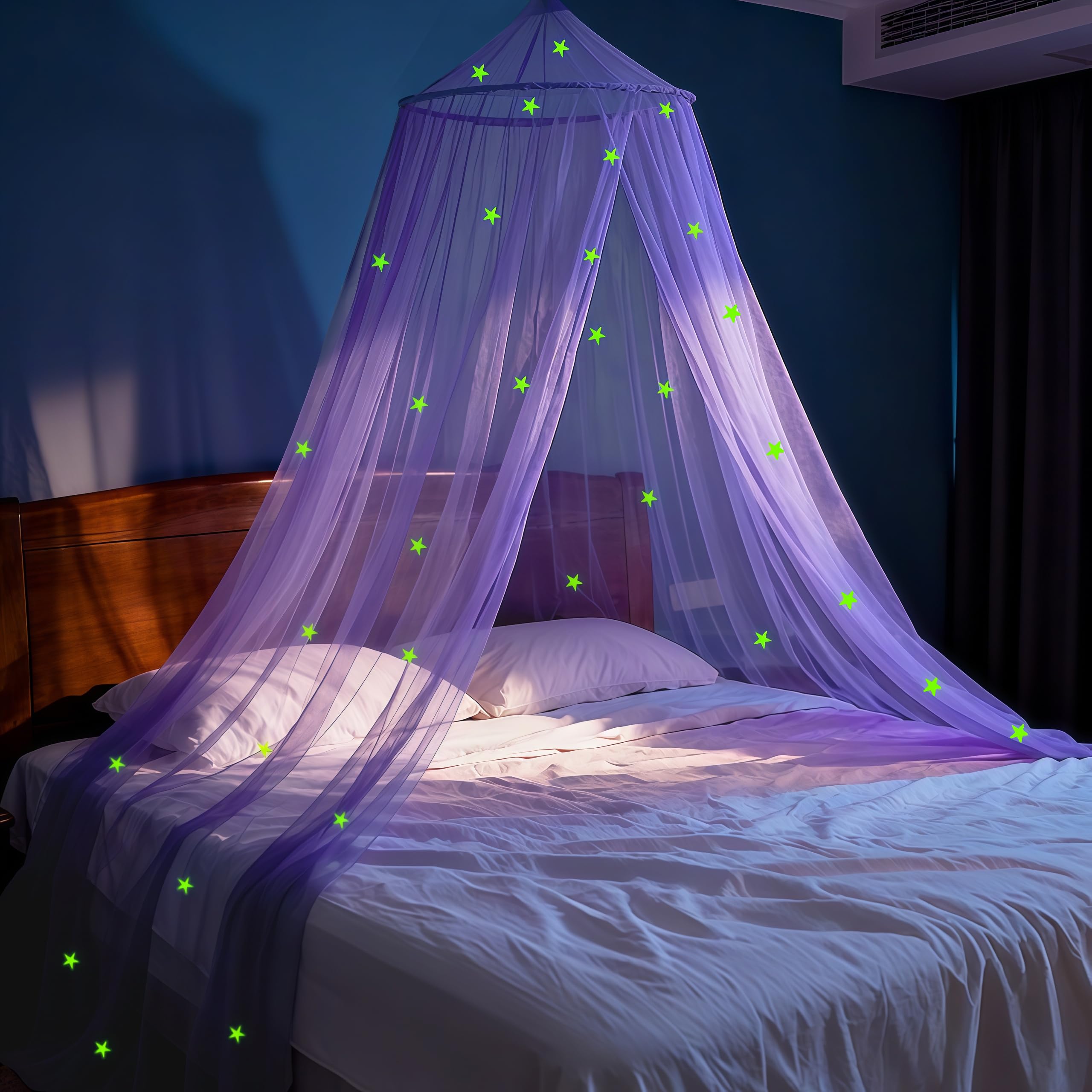 gogofree Purple Bed Canopy for Girls with Glow-in-The-Dark Stars, Princess Canopy Net for Single, Twin, Full and Queen Size Bed,