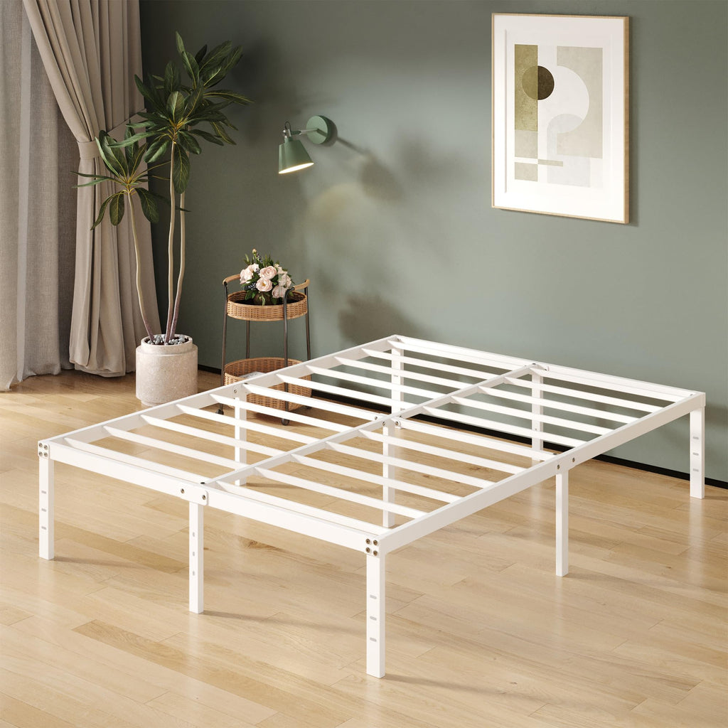 Upcanso 16 Inch White Queen Bed Frame No Box Spring Required, Metal Platform Queen Size Bed Frames With High Storage, Eassy Assembly 3,500 Lbs Heavy Duty Bedframes