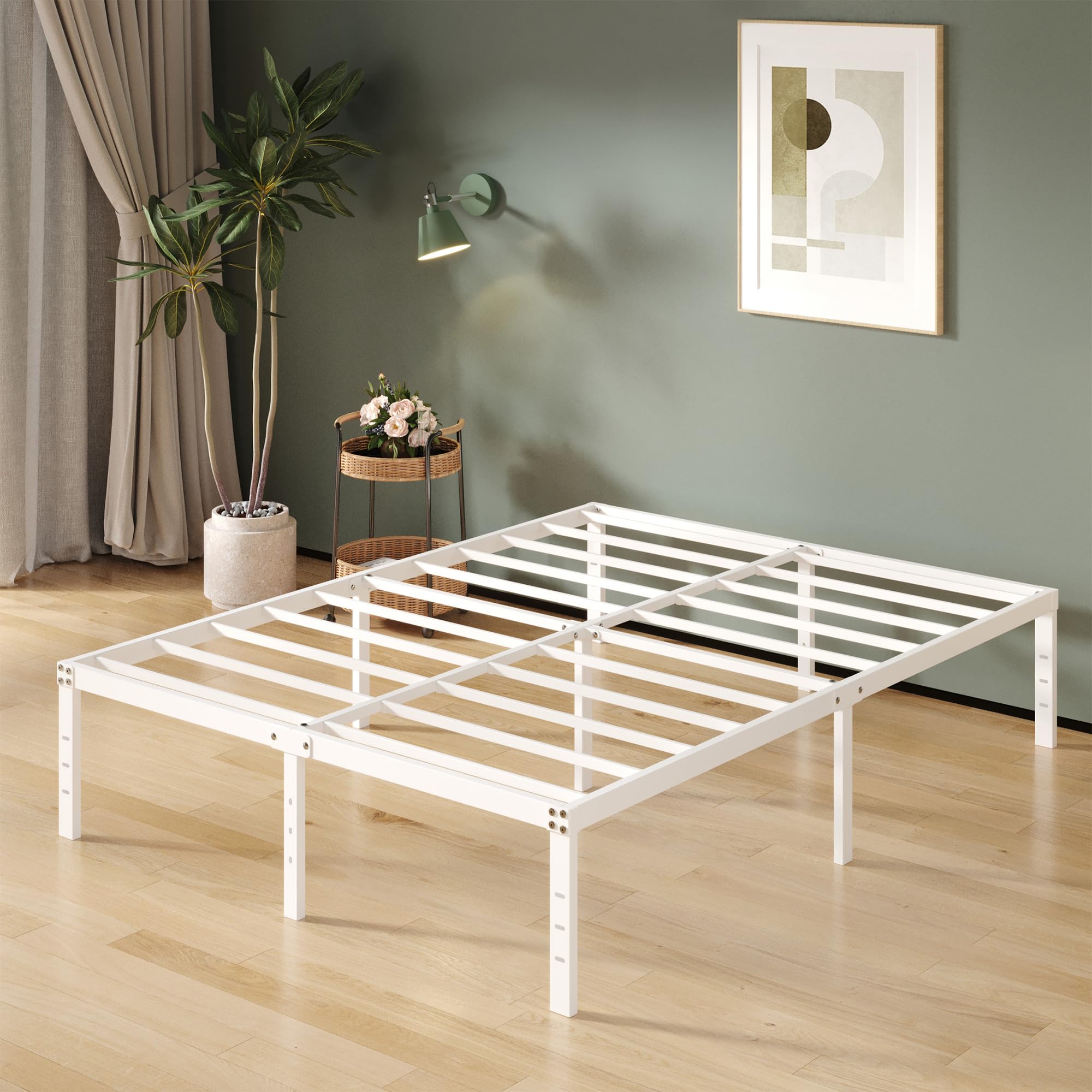 Upcanso 16 Inch White Queen Bed Frame No Box Spring Required, Metal Platform Queen Size Bed Frames With High Storage, Eassy Assembly 3,500 Lbs Heavy Duty Bedframes