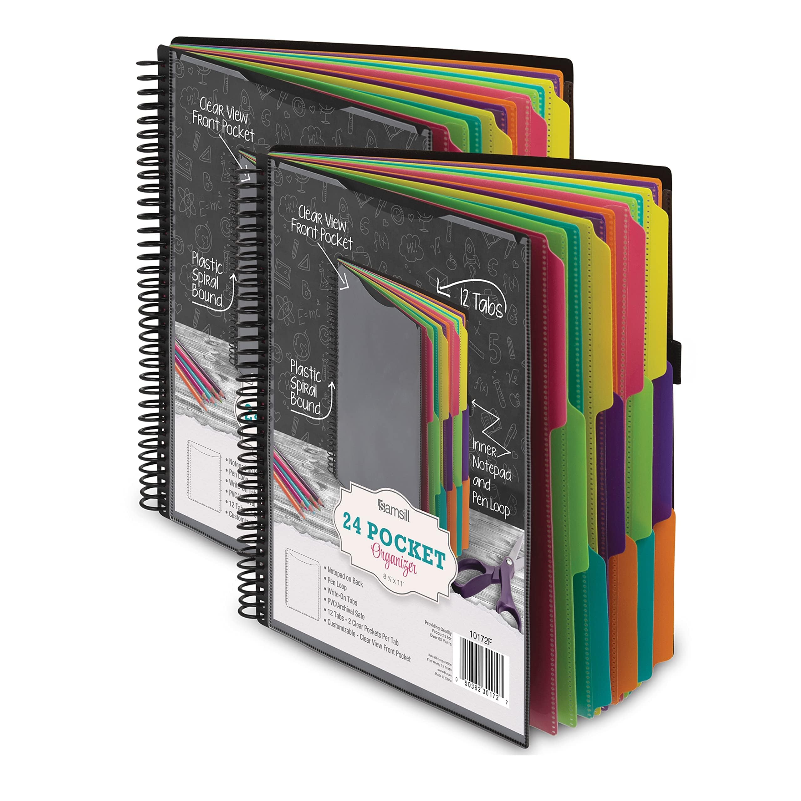 Samsill 2 Pack Deluxe 24 Pocket Spiral Project Folder Organizer With 12 Dividers, Notepad, Customizable Front Cover, Erasable Wr