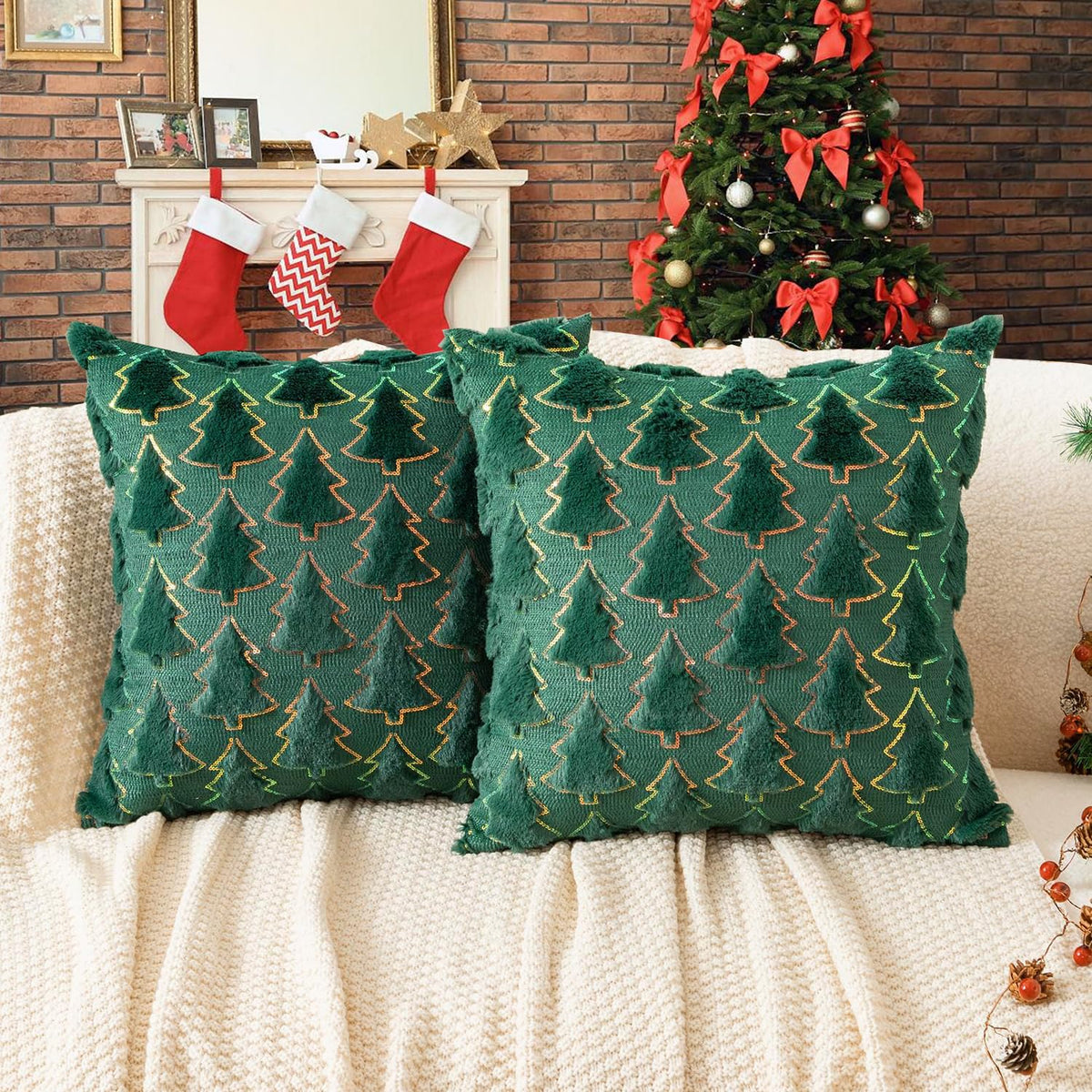 TOYPOPOR Snowflakes Glitter Printed Christmas Pillow Covers 18 x 18 Set of 2, Soft Faux Fur Throw Pillow Covers for Holiday Christmas Decor Sofa, Couch, Invisible Zipper, Skin-Friendly