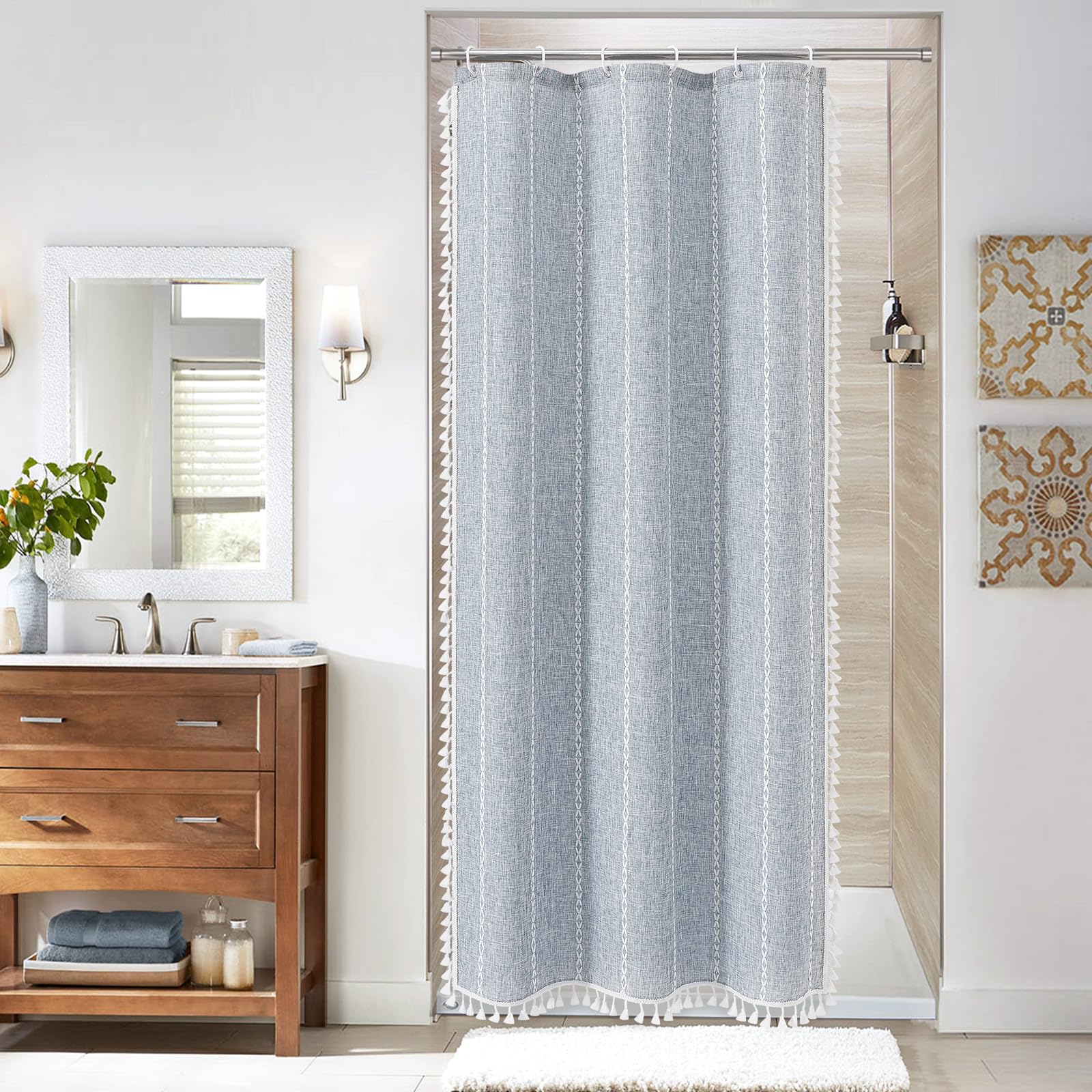 MitoVilla White Boho Farmhouse Small Stall Shower Curtain Set 36 x 72, Half Size Narrow Polyester Linen Fabric Shower Curtains f