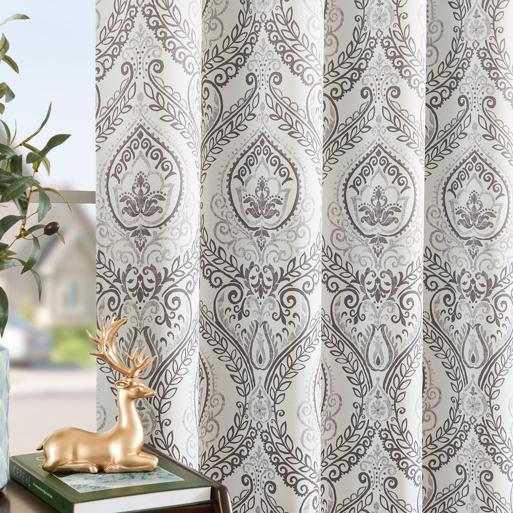 Jinchan 100% Blackout Curtains 108 Inch Length 2 Panels Grey Damask Medallion Window Curtains For Bedroom Extra Long Grommet Thermal Insulated Drapes For Living Room Vintage Window Treatments Set