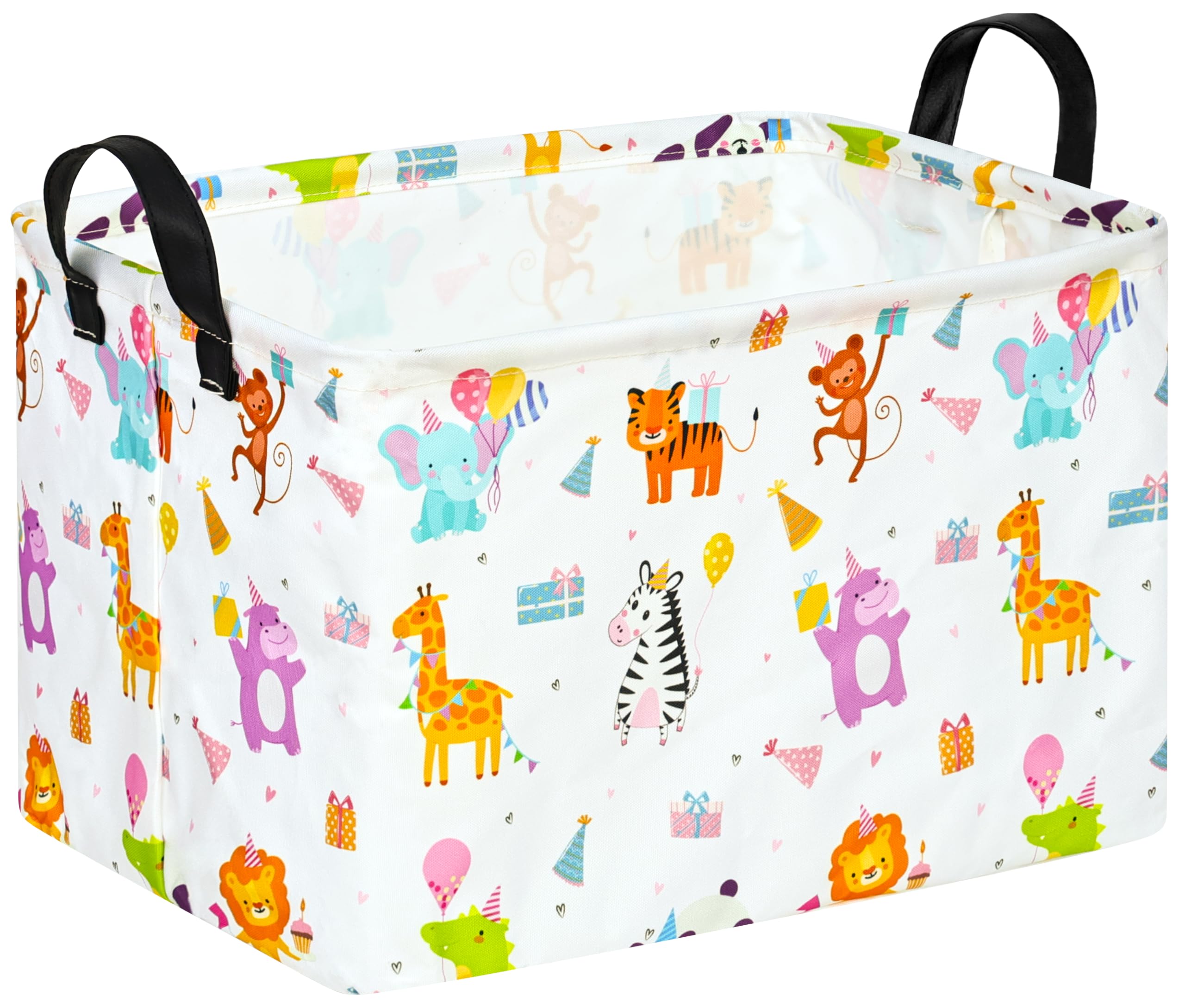 ACMUUNI Rectangle ZOO Happy Birthday Party Gift Shelf Nursery Storage Basket Laundry Hamper with Handles,Toys Storage Box and Bi