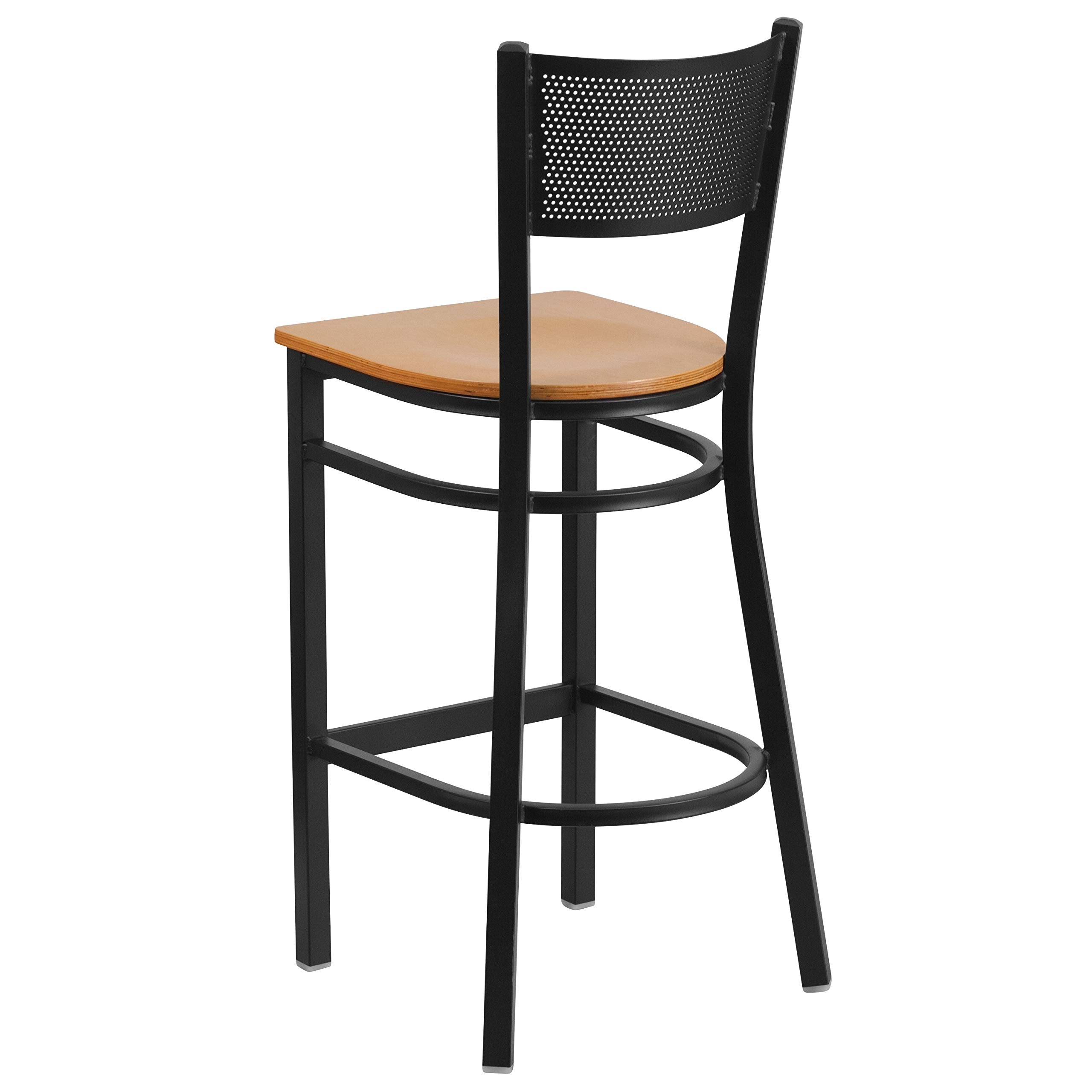 Flash Furniture HERCULES Series Black Grid Back Metal Restaurant Barstool - Natural Wood Seat