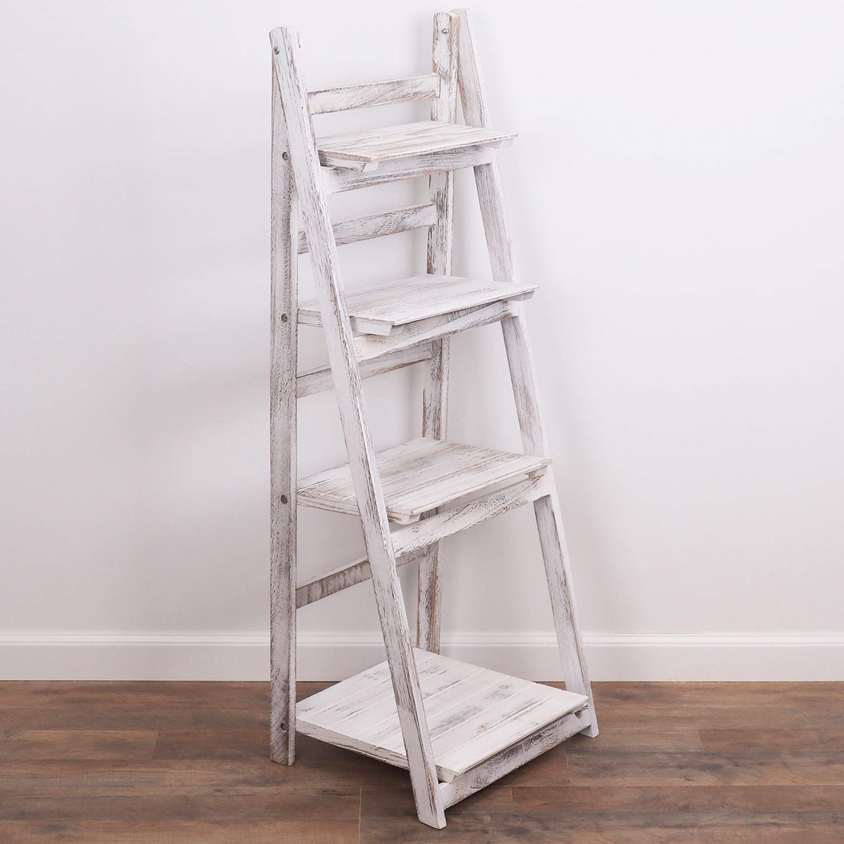 Milltown Merchants Ladder Shelf - Wooden Leaning Bookshelf - Rustic Folding Bookcase (Distressed White)