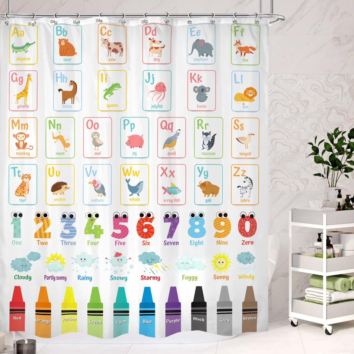 Cinbloo Alphabet ABC Kids Shower Curtain 60Wx72H Children Cartoon Cute Animal Colorful Educational Bathroom Curtain Set Number L