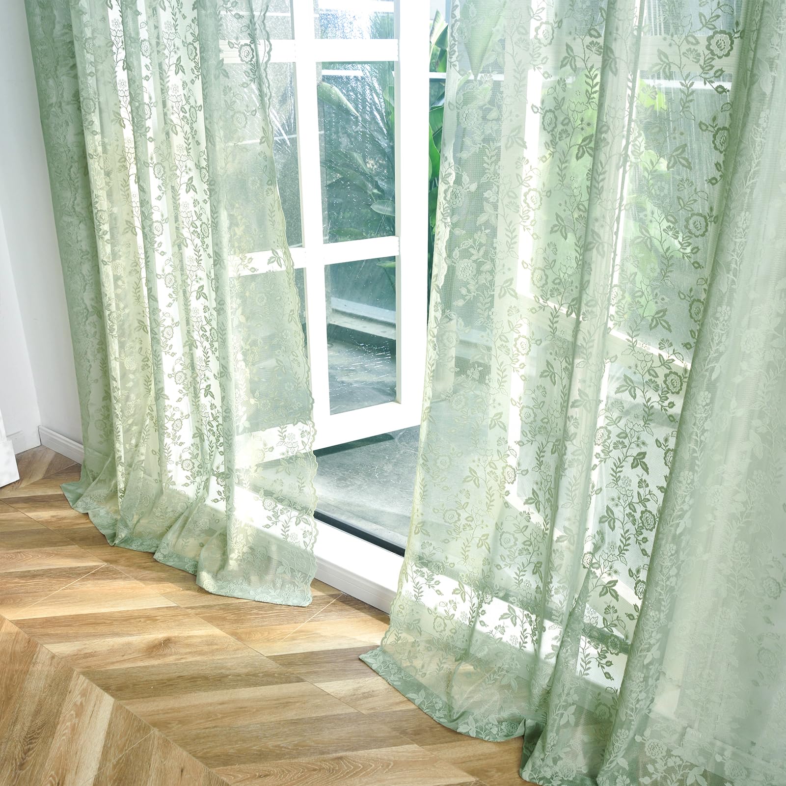 Finecity Green Lace Curtains 96 Inches Long, Country Rustic Leaf Floral Spring Sheer Curtains For Living Room, Rod Pocket Privac