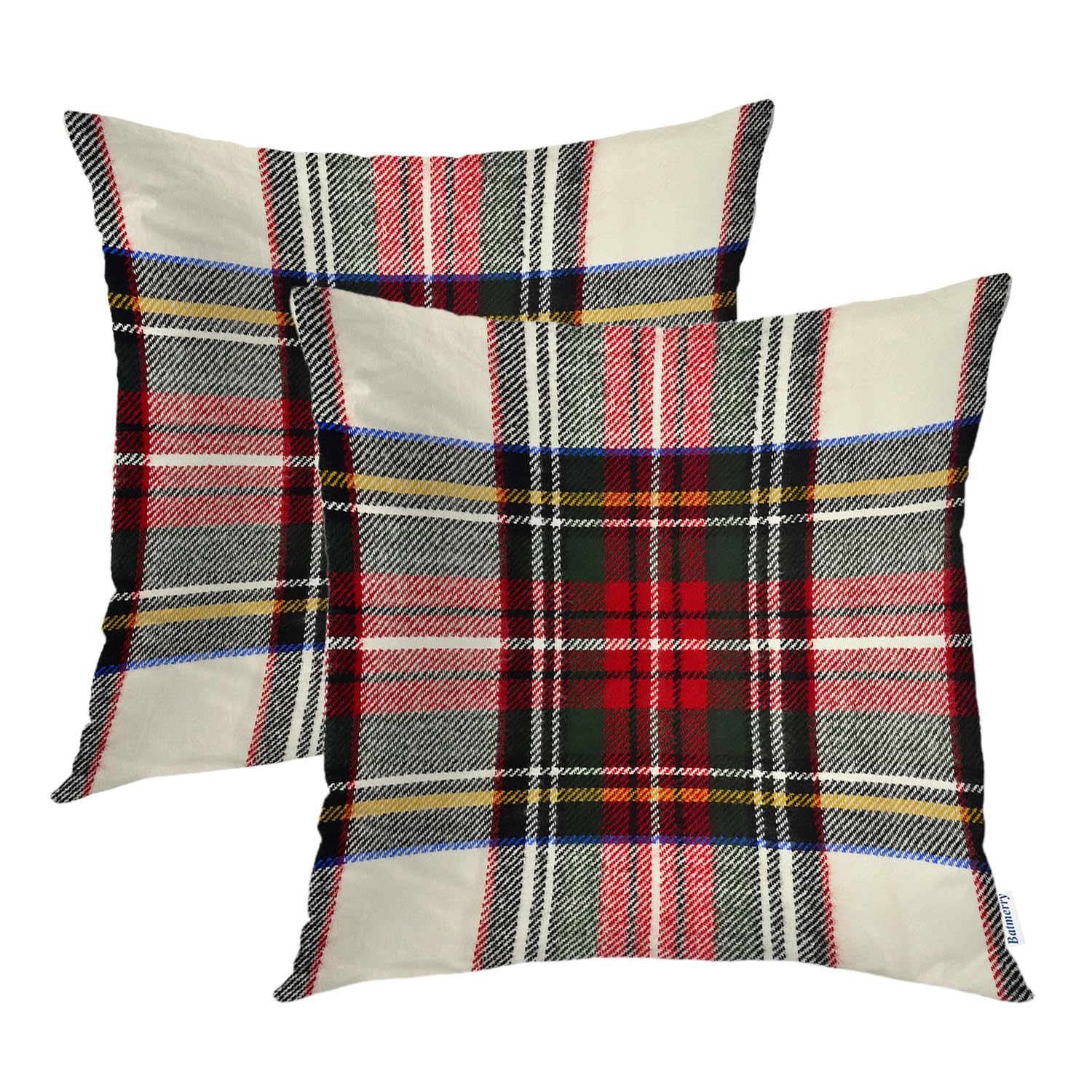 Batmerry Plaid Pillow Covers 18X18 Inch Set Of 2, Scottish Tartan Red And White Wool Plaid Pattern Symmetric Square Print Double