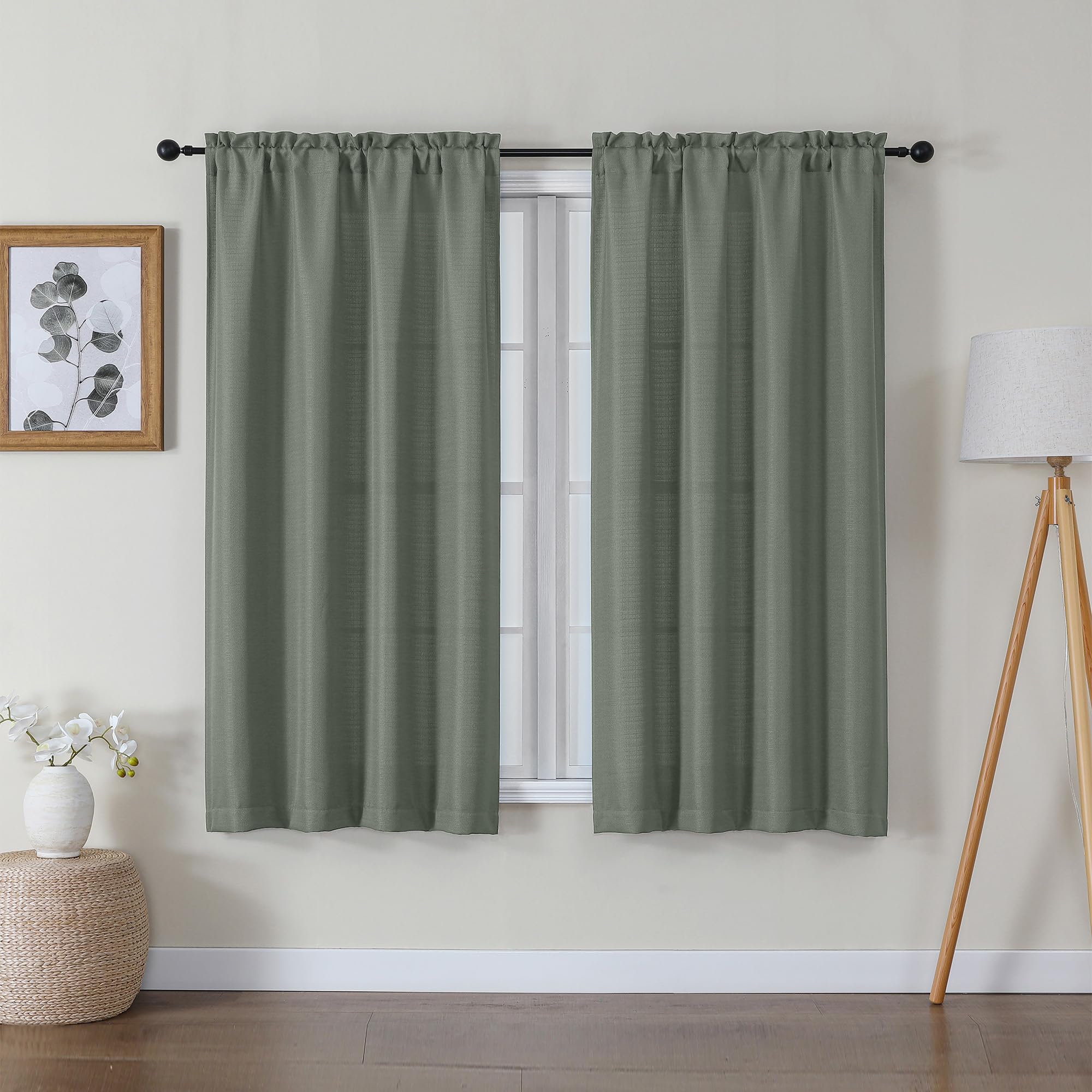 Lecloud Bessie Olive Green Curtains 54 Inch Length 2 Panels Set, Light Filtering Curtains Faux Linen Textured Drapes for Bedroom
