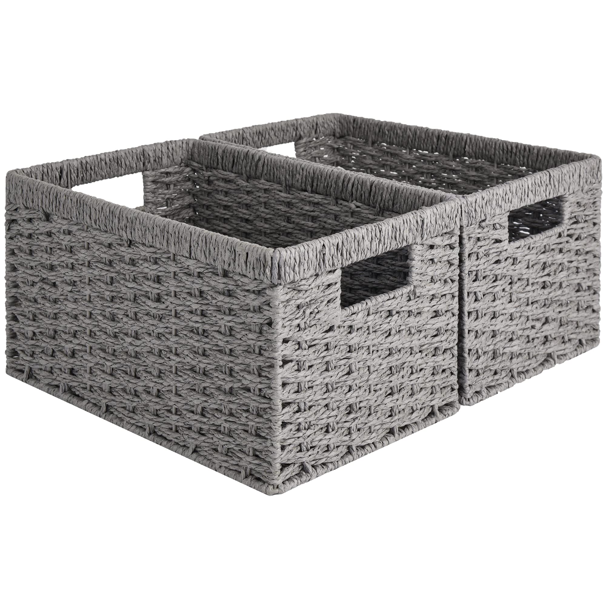 StorageWorks Round Paper Rope Storage Baskets, Rectangular Wicker Baskets with Built-in Handles, Gray, 2-Pack
