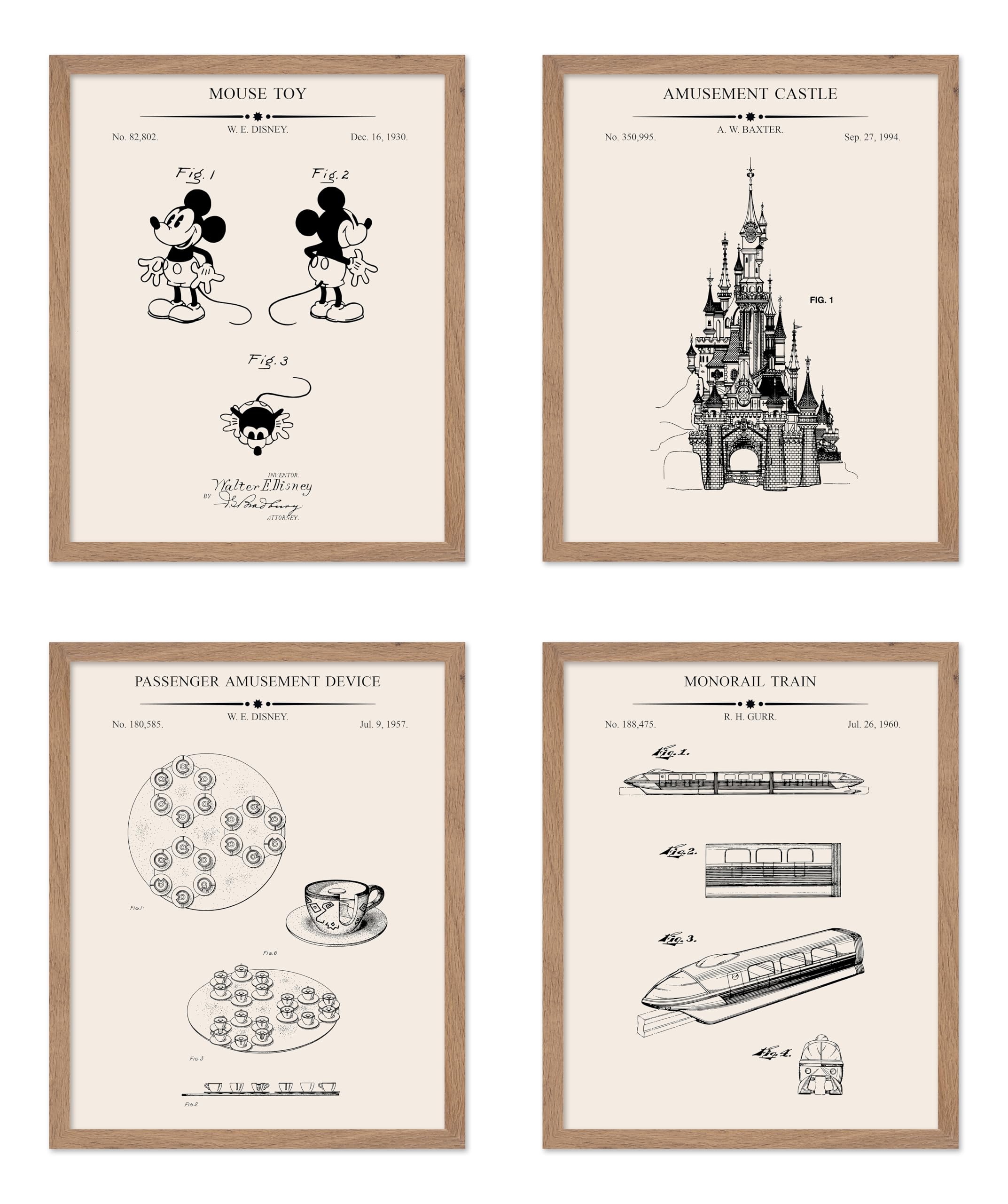 Poster Master 4-Piece Amusement Blueprint Poster - Amusement Castle Patent Print - Mouse Art - Passenger Amusement Device Art - 