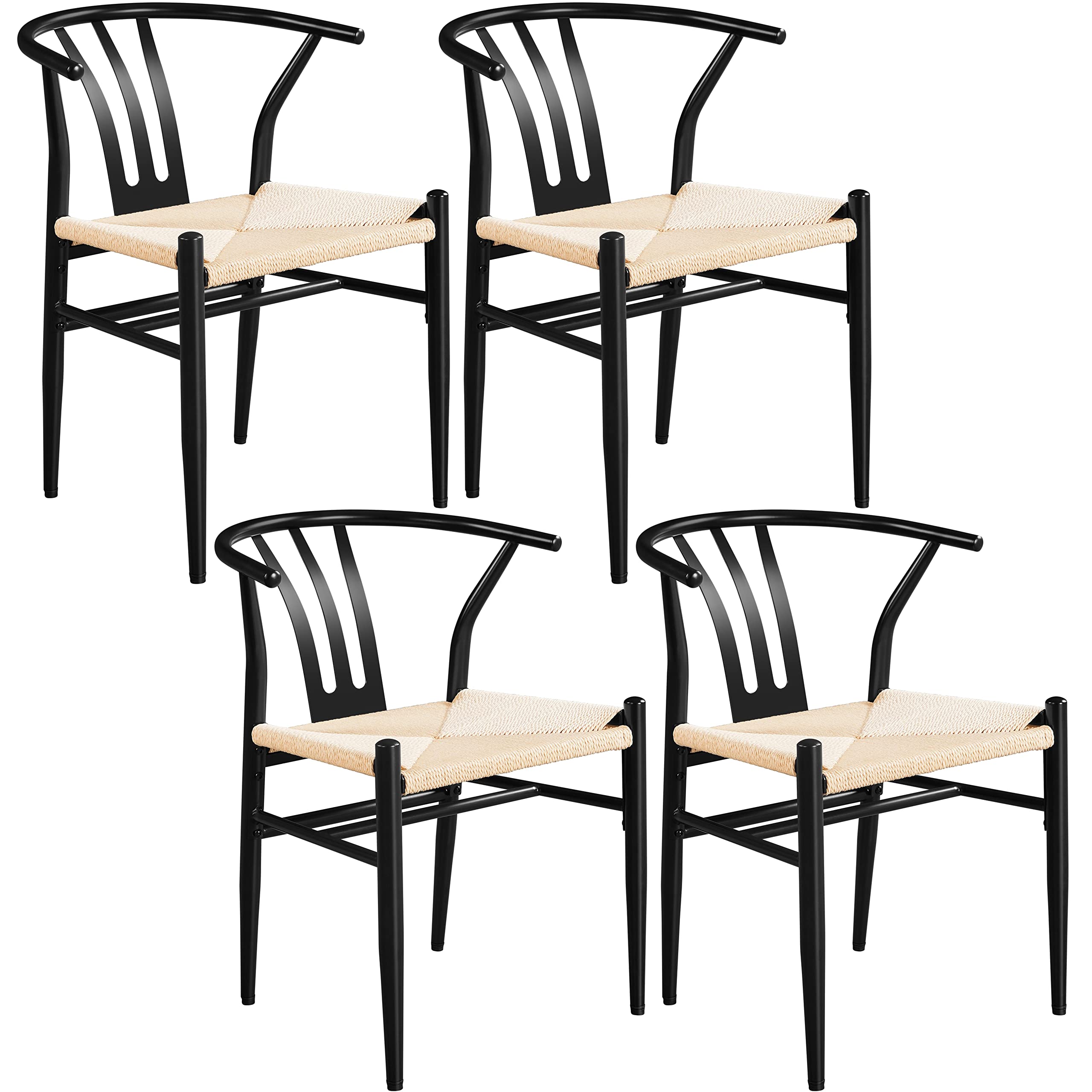Yaheetech 4PCS Weave Dining Chair Mid-Century Modern Metal Rattan Chair for Kitchen, Dining, Living Room, Black