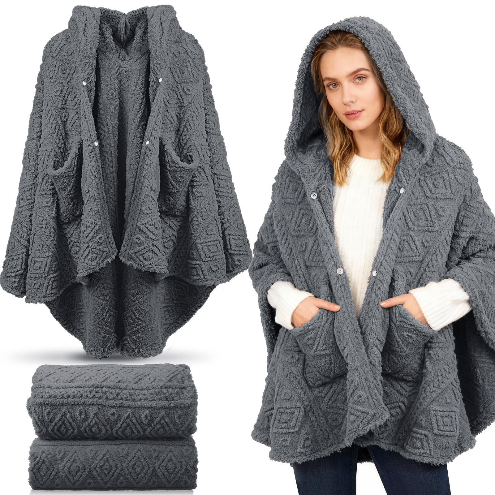 Mindsoft 2 Pcs Wearable Blanket Sherpa Fleece Shawl for Women Cozy Gifts for Mom Winter Warm Poncho Adults TV Throw Hooded(Dark 