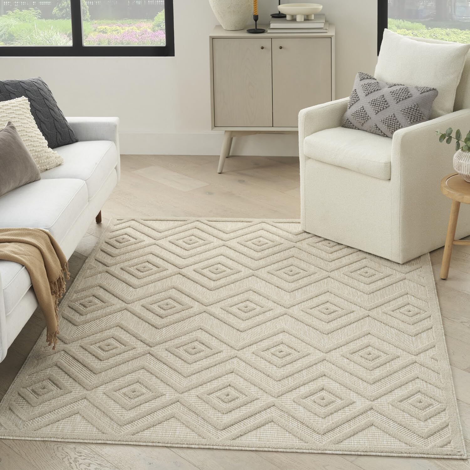 Nourison Versatile Indoor/Outdoor Cream 4' X 6' Area Rug, Easy Cleaning, Non Shedding, Bed Room, Living Room, Dining Room, Backyard, Deck, Patio (4X6)