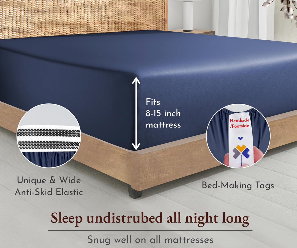 California Design Den Deep Pocket Soft Fitted Sheet Queen Only, 100% Organic Cotton Fitted Sheet Queen, 1 Pc Percale Queen Fitted Sheet, Gots Certified, Cooling, Lightweight, Snug-Fit (Navy Blue)