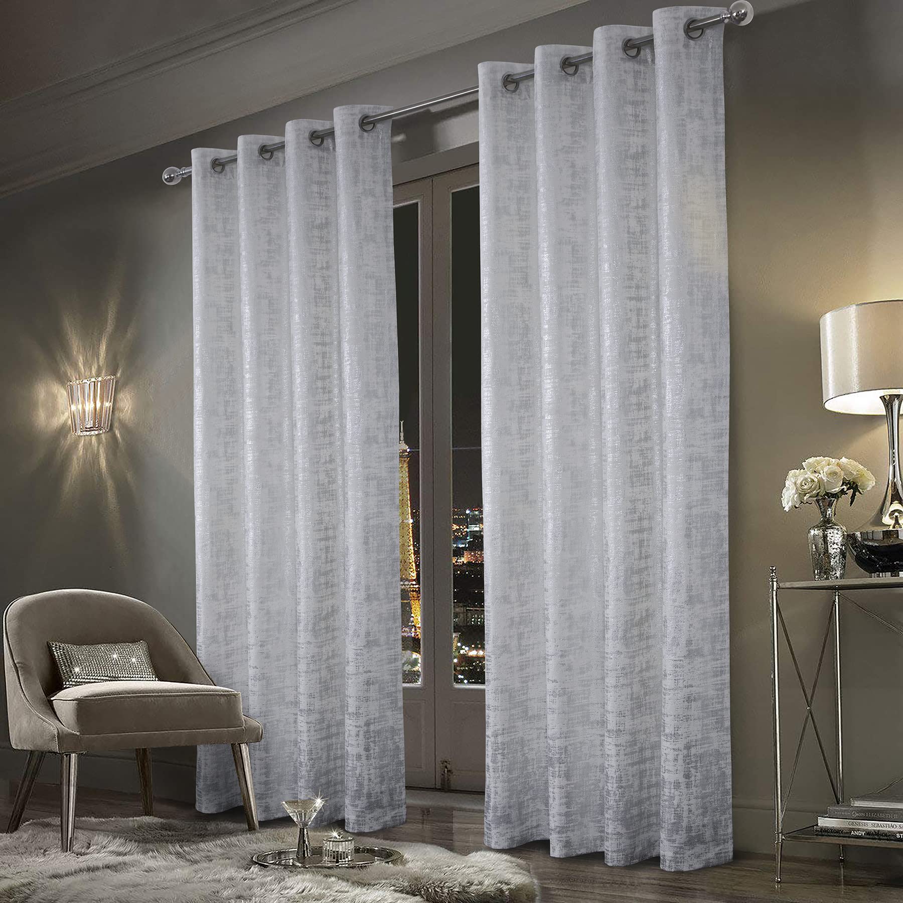 Always4U 100% Blackout Soft Velvet Curtains For Bedroom Living Room Thermal Energy Saving 63 Inches Long Luxury Silver Foil Prin