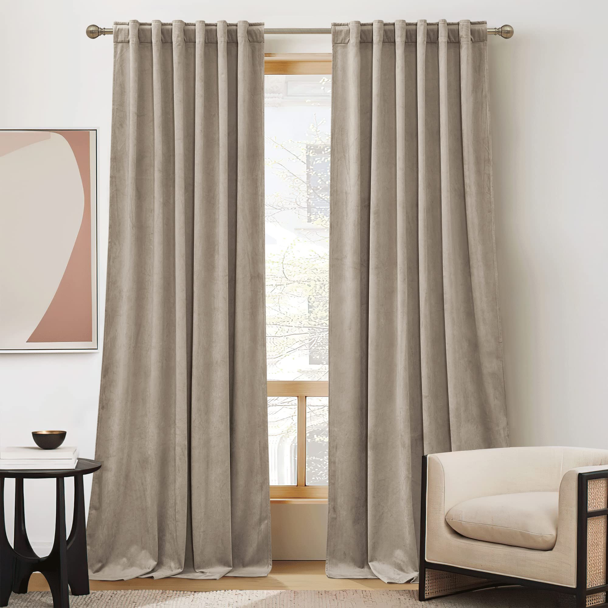 Ryb Home Camel Beige Velvet Farmhouse Curtains, Room Darkening Privacy Shades As Window Treatment Thermal Curtains For Living Room Bedroom Dining Room, , W52 X L84 Inches, Set Of 2