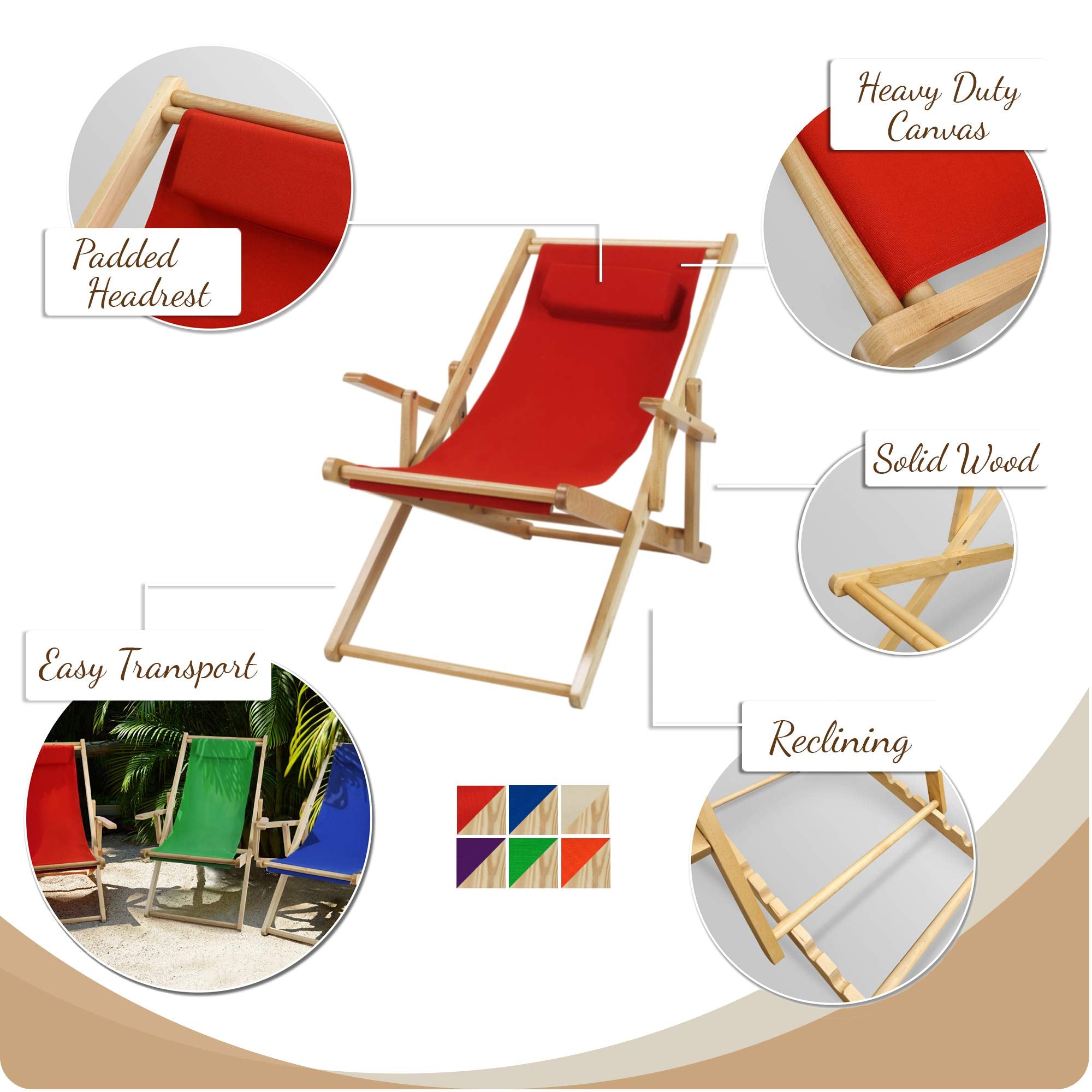 Casual Home Adjustable Sling Chair Natural Frame, Red Canvas
