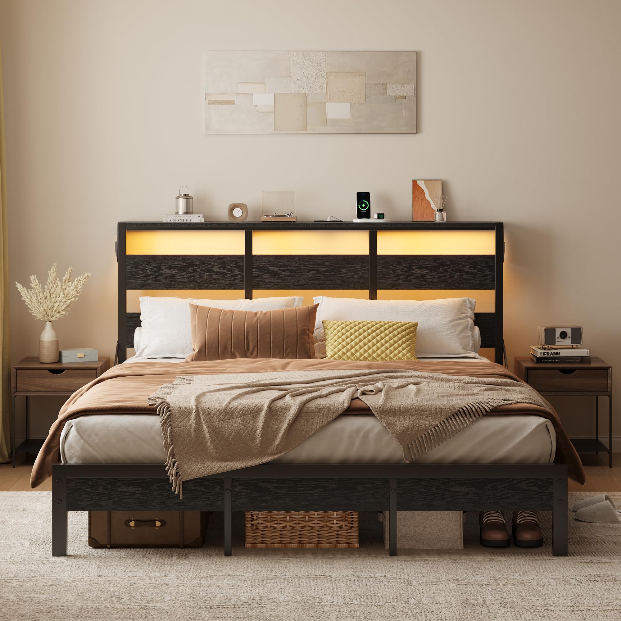 Bestier Queen Bed Frame with Headboard Storage and Charging Station, Black Platform Bed Frame with LED Light, Non-Slip Metal Bed