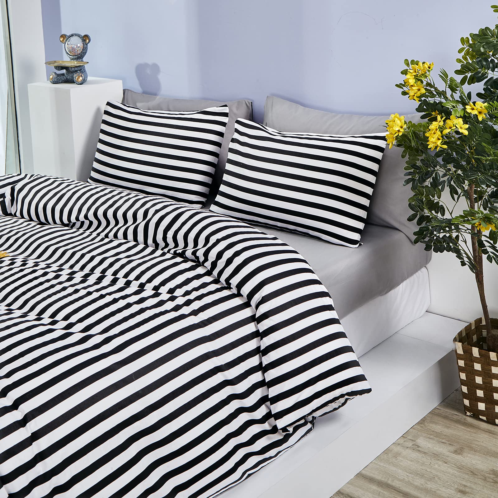 Clothknow Striped Comforter Set California King 3Pcs Black White Bedding Comforter Sets Farmhouse Comforter Ticking Black Comfor