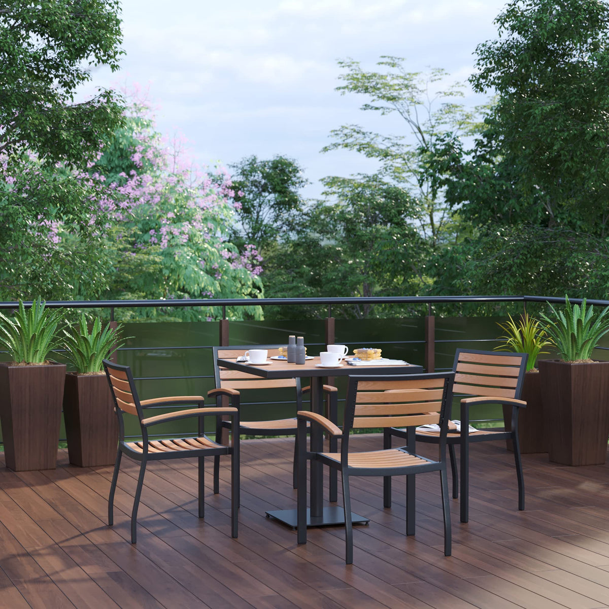 Flash Furniture 5 Piece Patio Dining Table Set - Indoor/Outdoor Black Steel Framed 30" Square Faux Teak Table - 4 Stacking Club Chairs with Teak Accented Arms