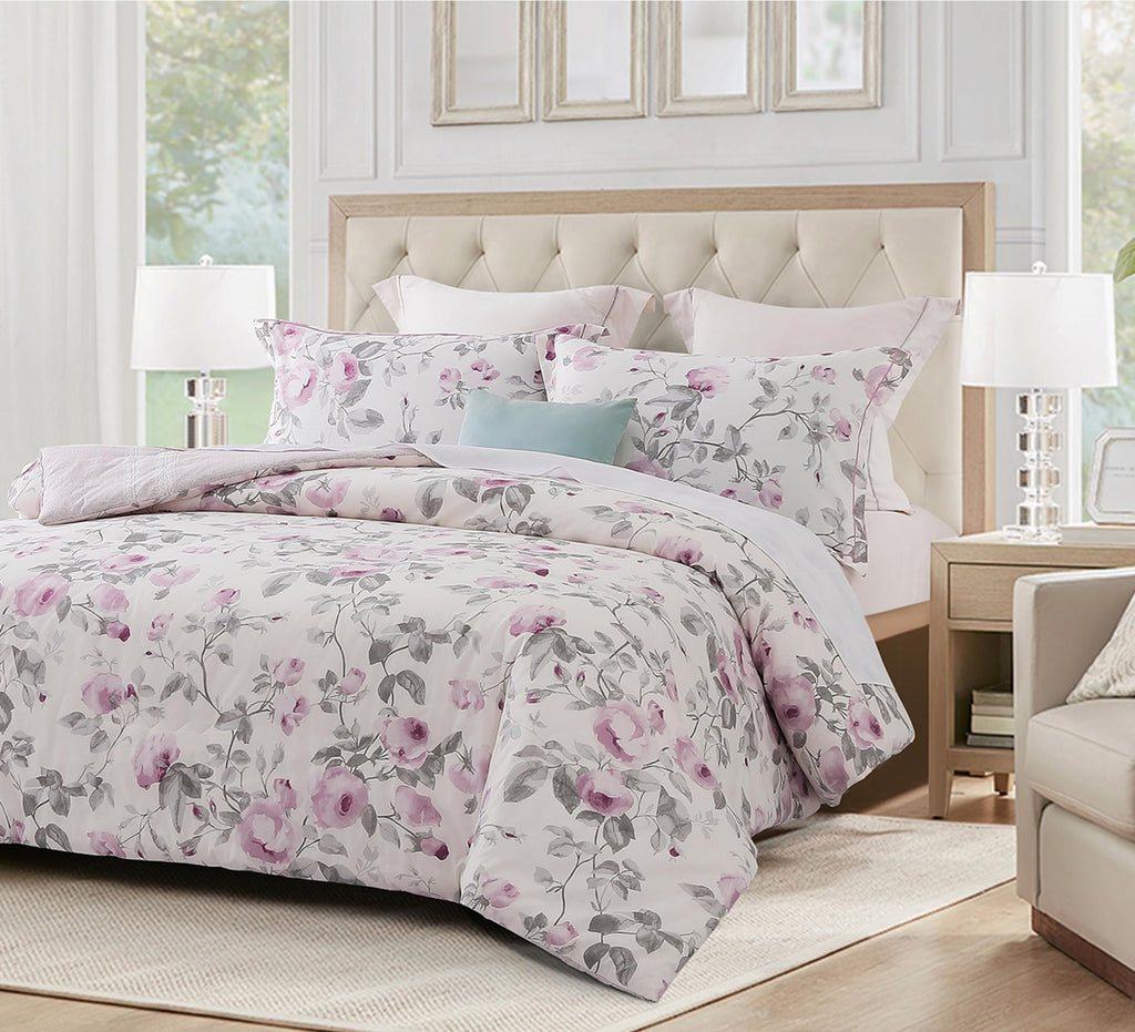 Sleepbella Comforter King Size, 600 Thread Count Cotton White Print With Purple Flowers Reversible Comforter Sets, Down Alternat