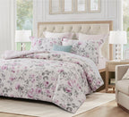 Sleepbella Comforter King Size, 600 Thread Count Cotton White Print With Purple Flowers Reversible Comforter Sets, Down Alternat