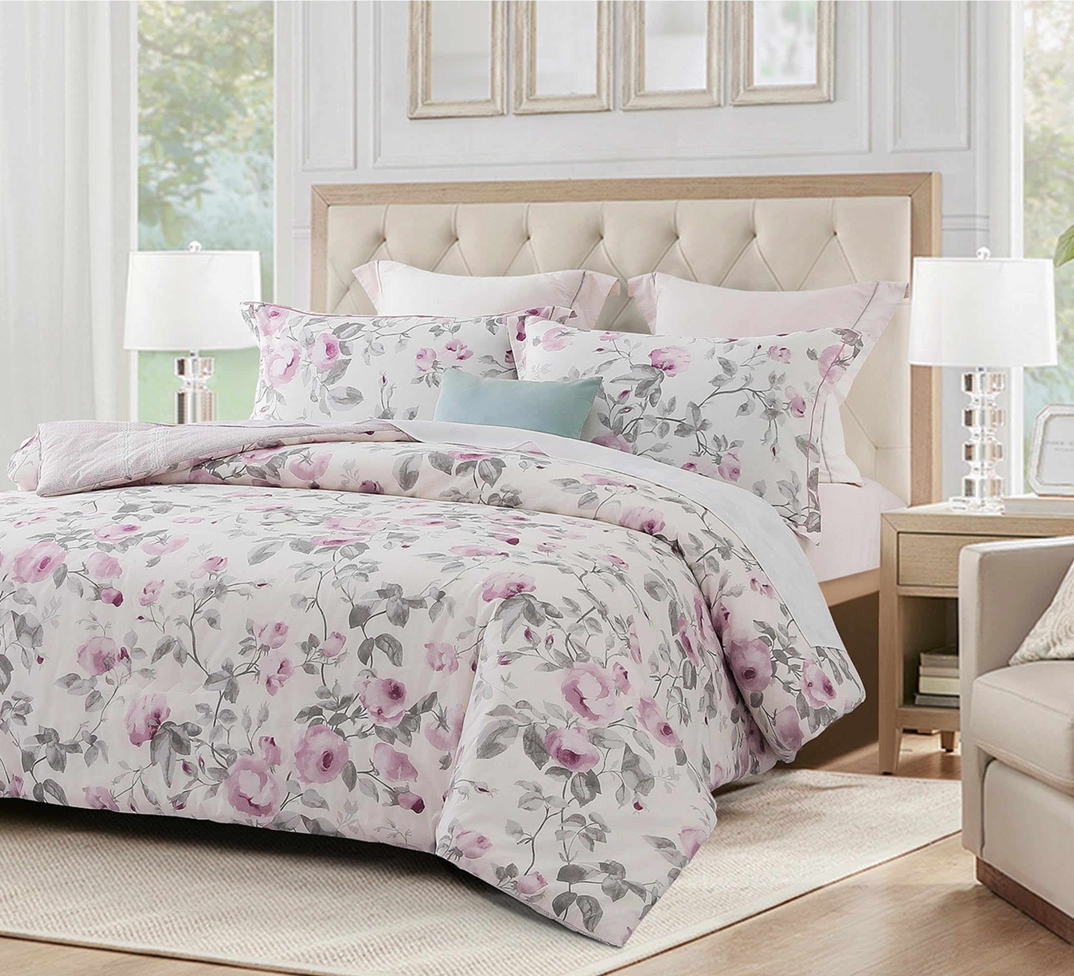 Sleepbella Comforter King Size, 600 Thread Count Cotton White Print With Purple Flowers Reversible Comforter Sets, Down Alternat