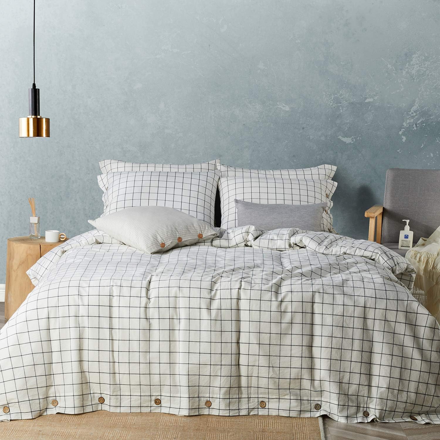 Jellymoni Cotton Plaid Duvet Cover King Size - 100% Washed Cotton Linen Like Textured Comforter Cover, 3 Pieces Breathable Soft