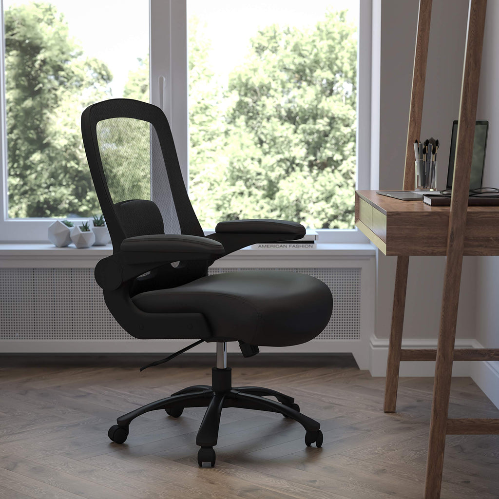 Flash Furniture Big & Tall Swivel Office and Gaming Chair with LeatherSoft Seat, Mesh Office Chair with Flip-Up Armrests and Adjustable Height, Black