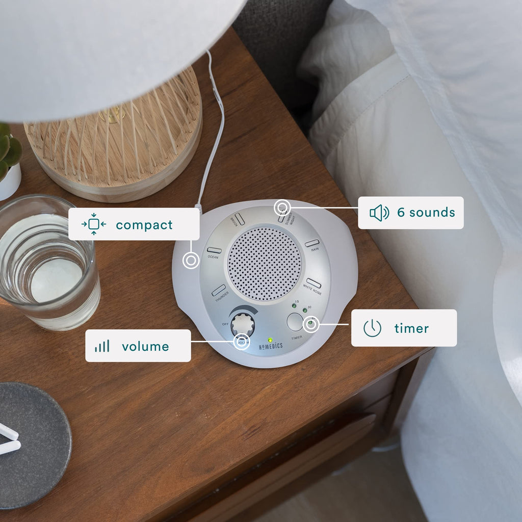 Homedics Soundsleep White Noise Sound Machine, Silver, Small Travel Sound Machine With 6 Relaxing Nature Sounds, Portable Sound Therapy For Home, Office, Nursery, Auto-Off Timer, By Homedics