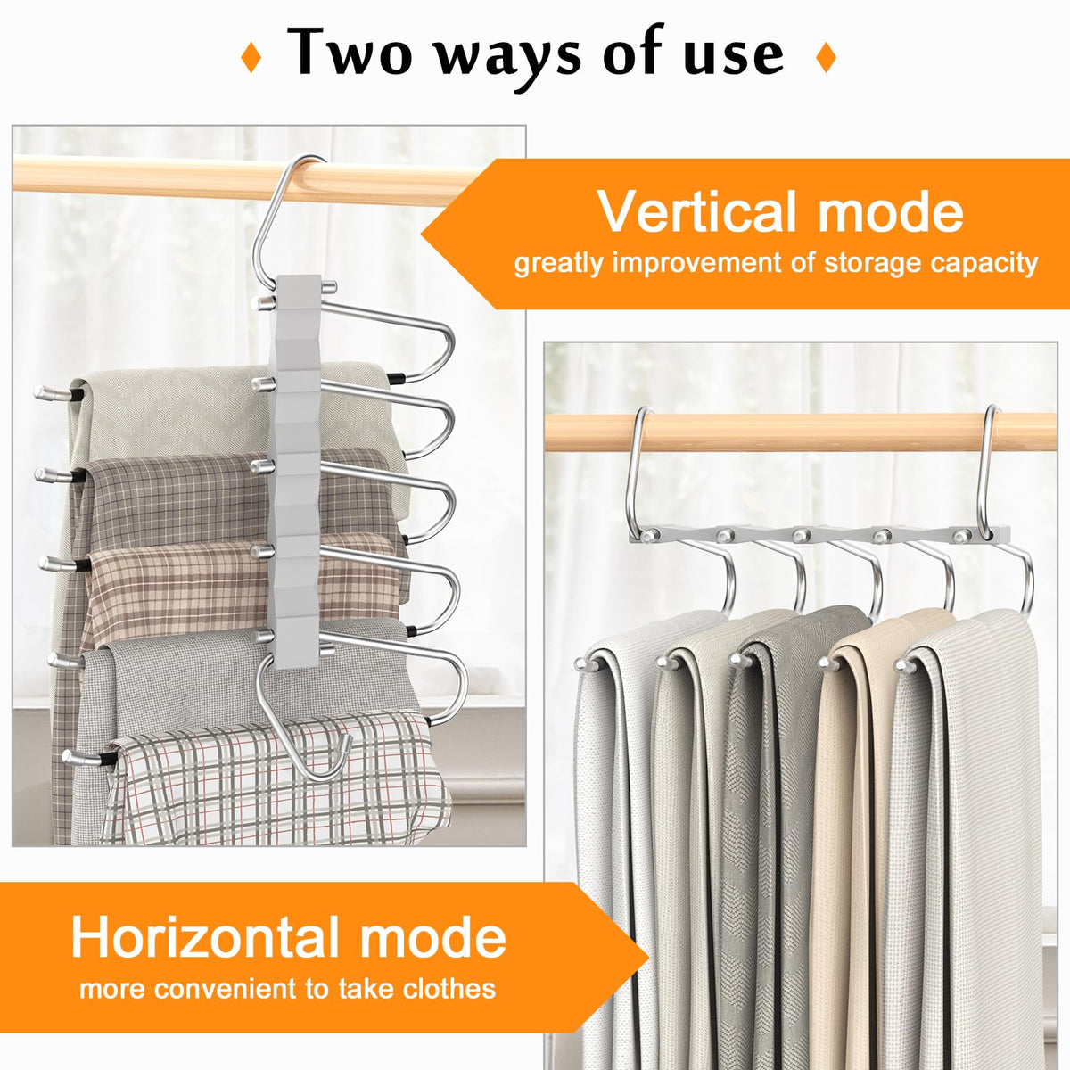 Loretoy 2 Pack Pants Hangers Space Saving, Anti-Slip Multi-Functional Pants Rack, Thickened Stainless Steel Tube, Two Hanging Mo
