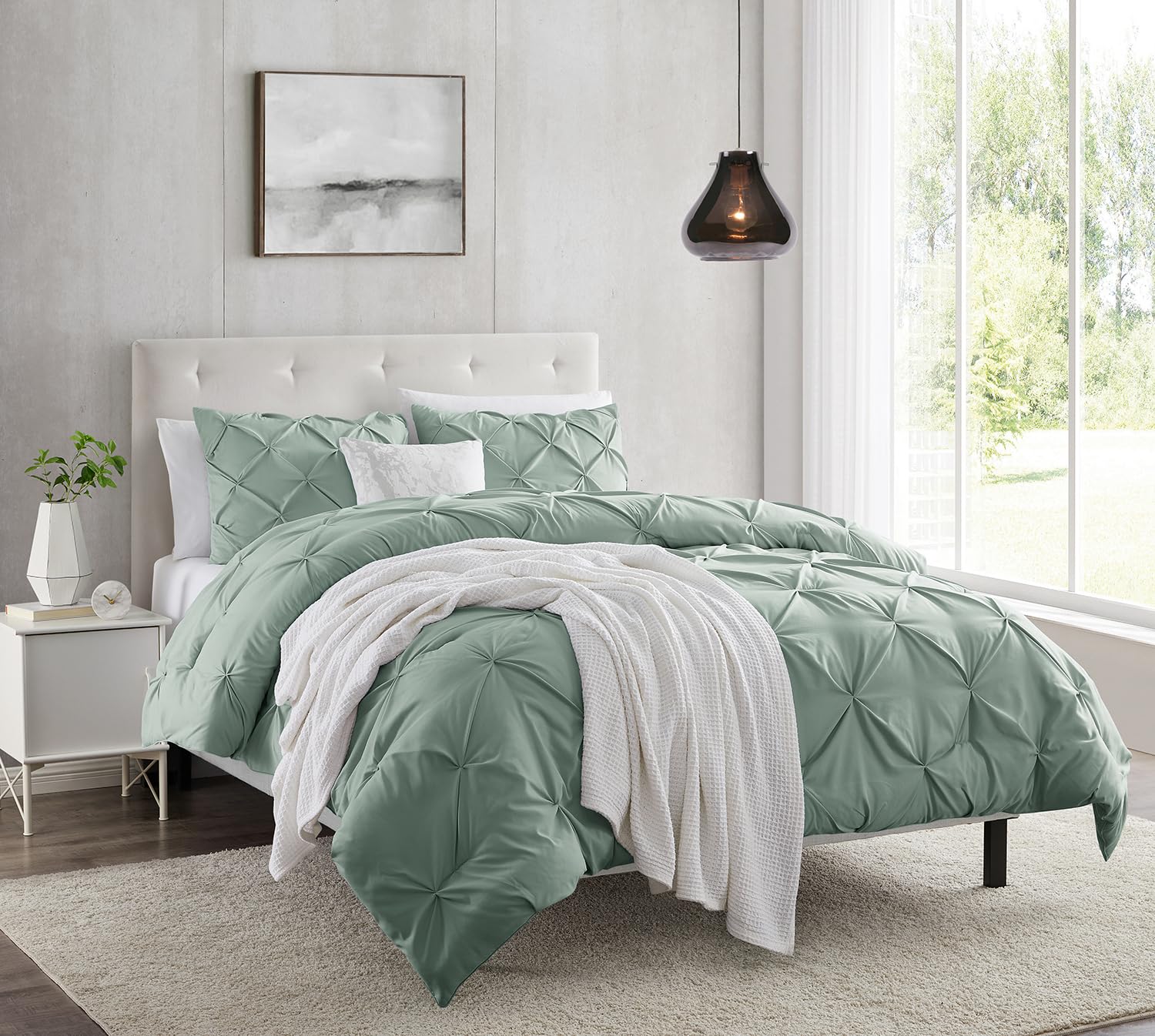 Nestl California King Duvet Cover Sets Sage Green - Pintuck Duvet Cover California King, 3 Piece Duvet Cover With Button Closure