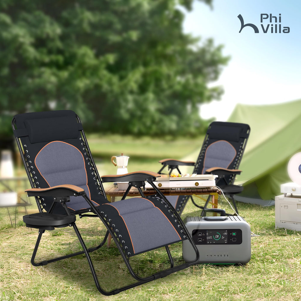 Phi Villa Xxl Oversized Padded Zero Gravity Chair, Foldable Patio Recliner, 30' Wide Seat Anti Gravity Lounger With Cup Holder, Set Of 2, Support 400 Lbs (Black)