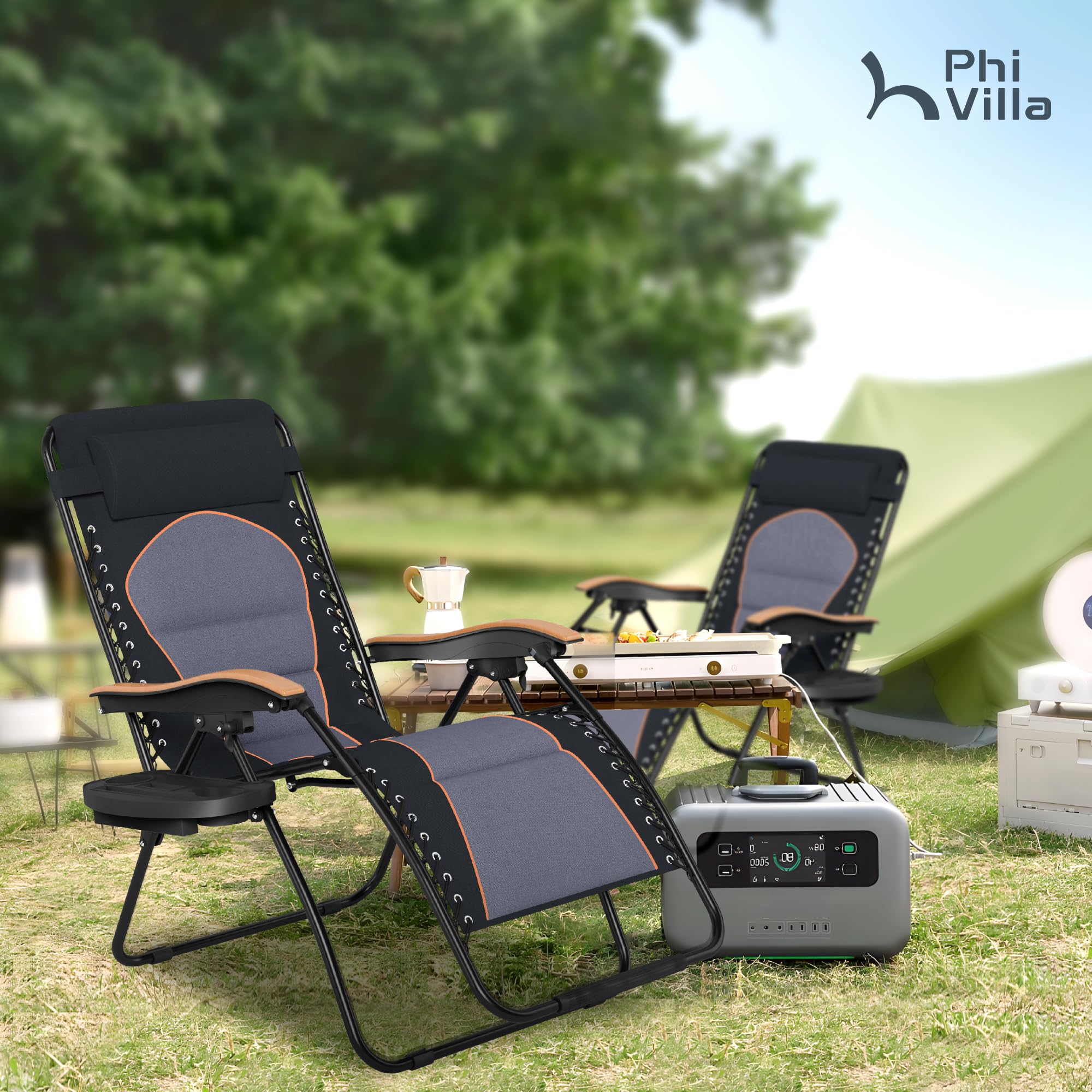 Phi Villa Xxl Oversized Padded Zero Gravity Chair, Foldable Patio Recliner, 30' Wide Seat Anti Gravity Lounger With Cup Holder, Set Of 2, Support 400 Lbs (Black)