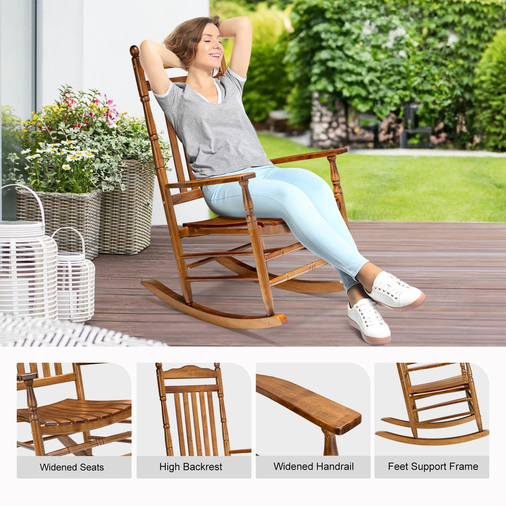 Vingli 2 Pcs Wood Rocking Chair Outdoor With 450 Lbs Support, Outdoor Rocking Chair Set Of 2, Solid Wood High Back Seat Reclining Seat For Deck, Garden, Backyard, Porch, Indoor Or Outdoor Use, Teak