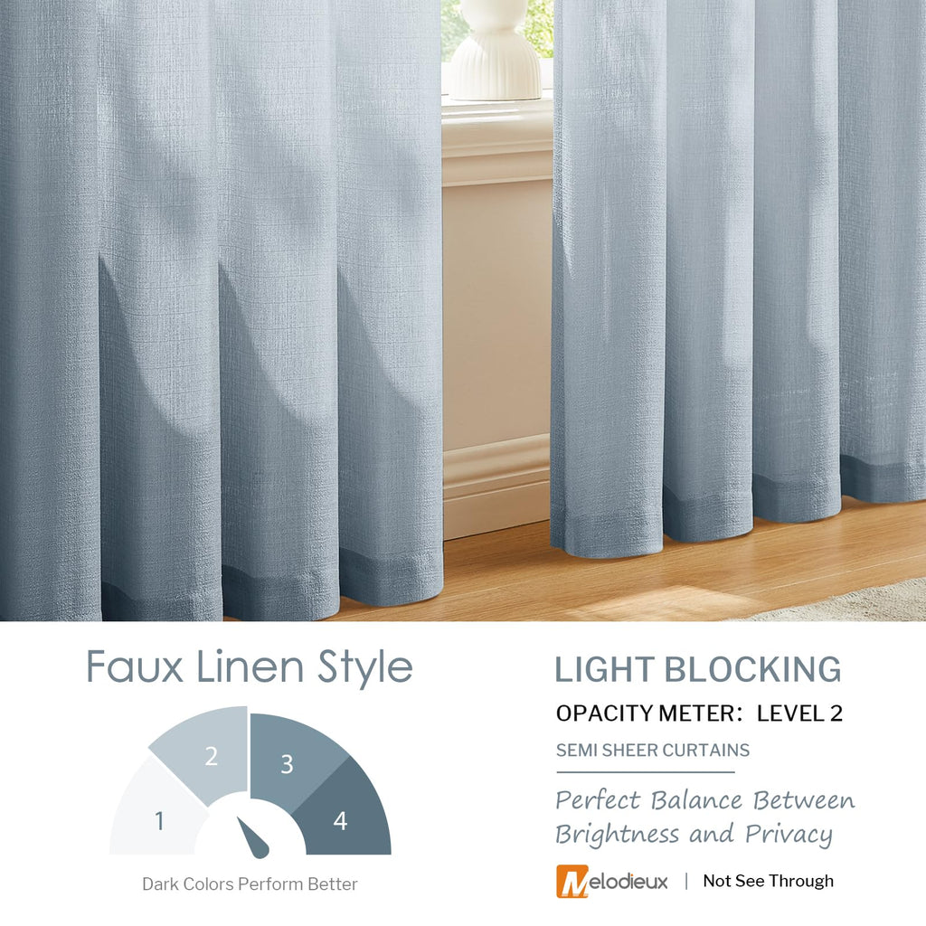 Melodieux Dusty Blue Semi Sheer Curtains 72 Inches Long For Bedroom, Living Room Linen Look Privacy Window Rod Pocket Sheer Drap