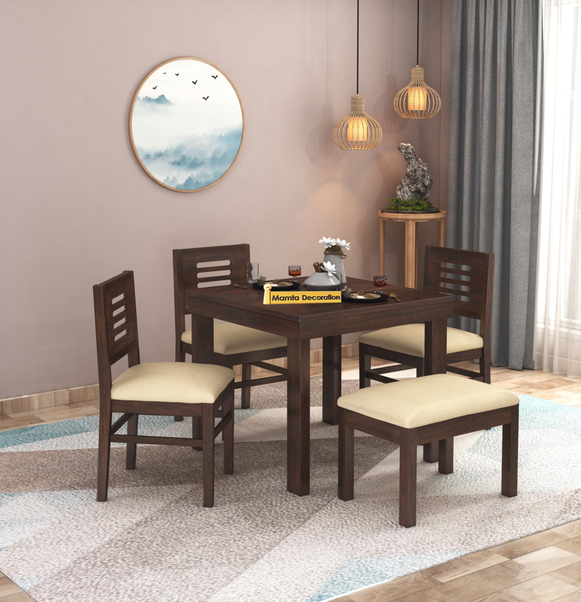 Mamta Decoration Sheesham Wood 4 Seater Dining Table With 3 Cushioned Chairs & 1 Bench Wooden Dining Set For Home Living Room (W